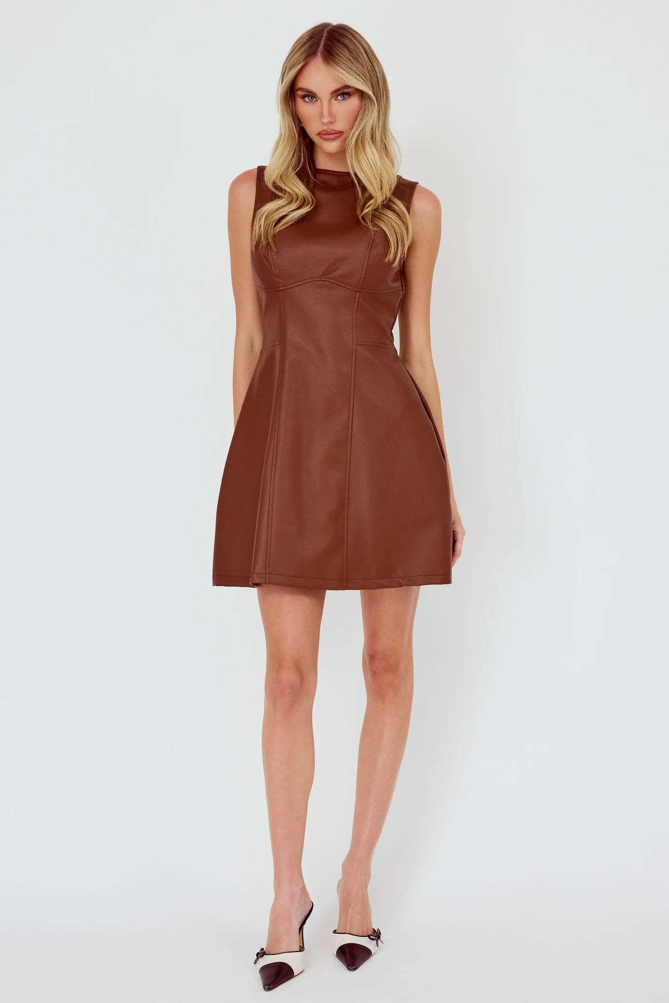 Opulent Sleeveless A-Line Mini Dress Faux Leather Brown - Image 4