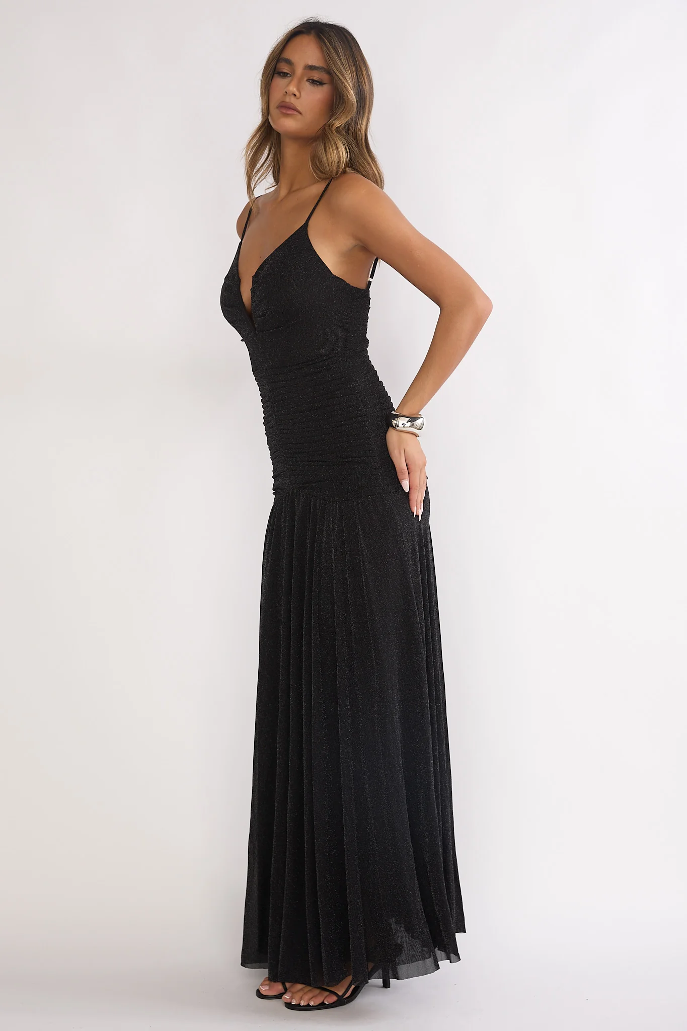 Orizel Pintuck Drop Waist Maxi Dress Sparkle Black - Image 2