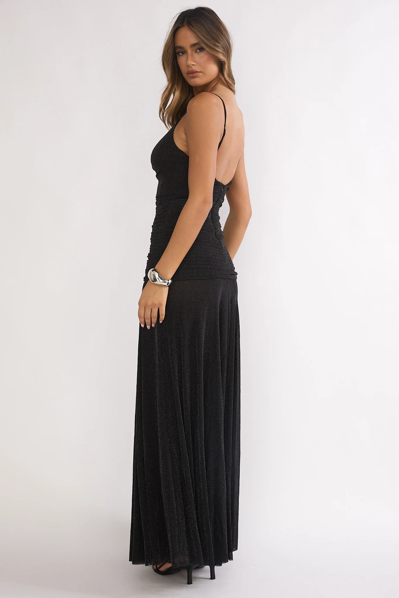 Orizel Pintuck Drop Waist Maxi Dress Sparkle Black - Image 3