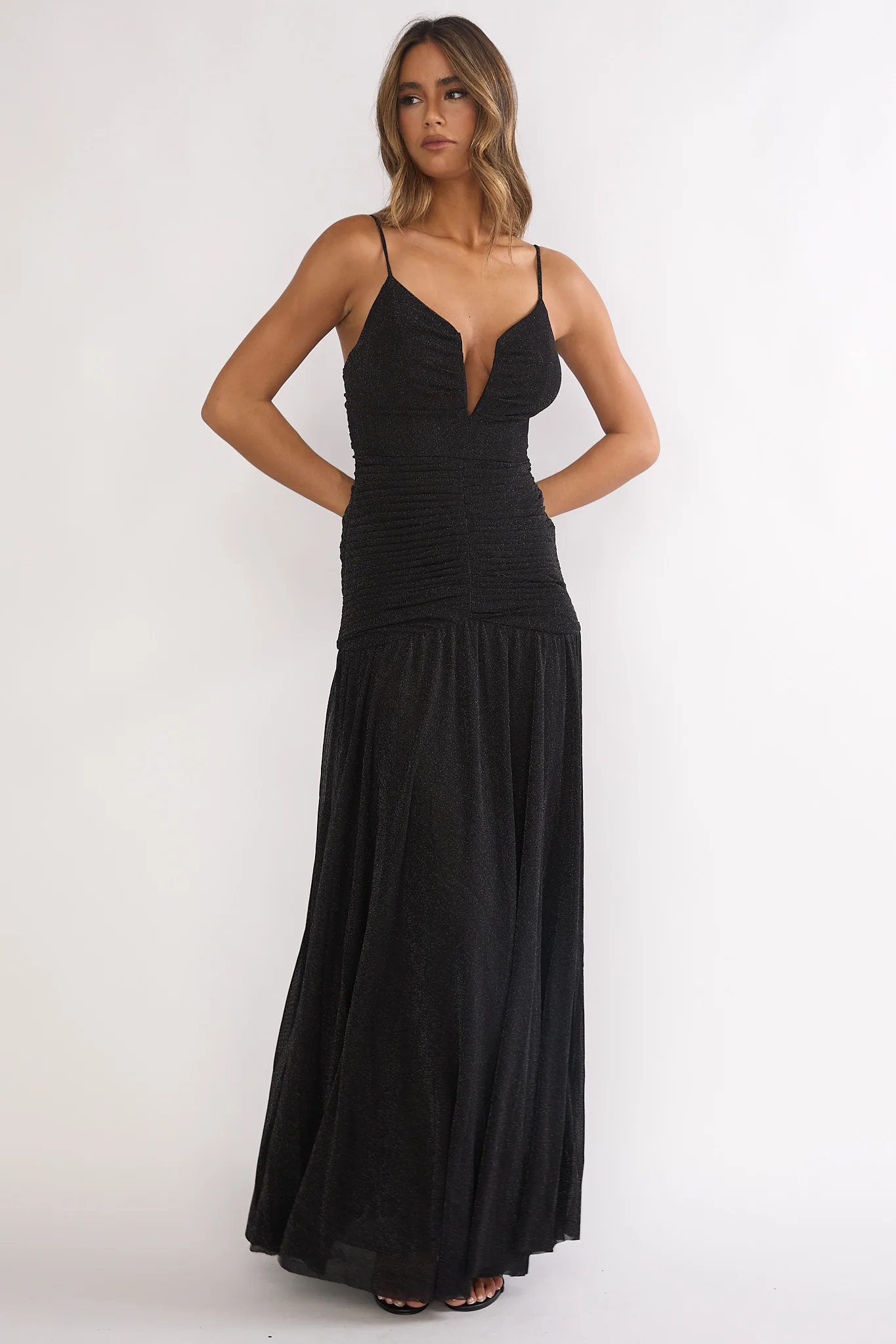 Orizel Pintuck Drop Waist Maxi Dress Sparkle Black - Image 5