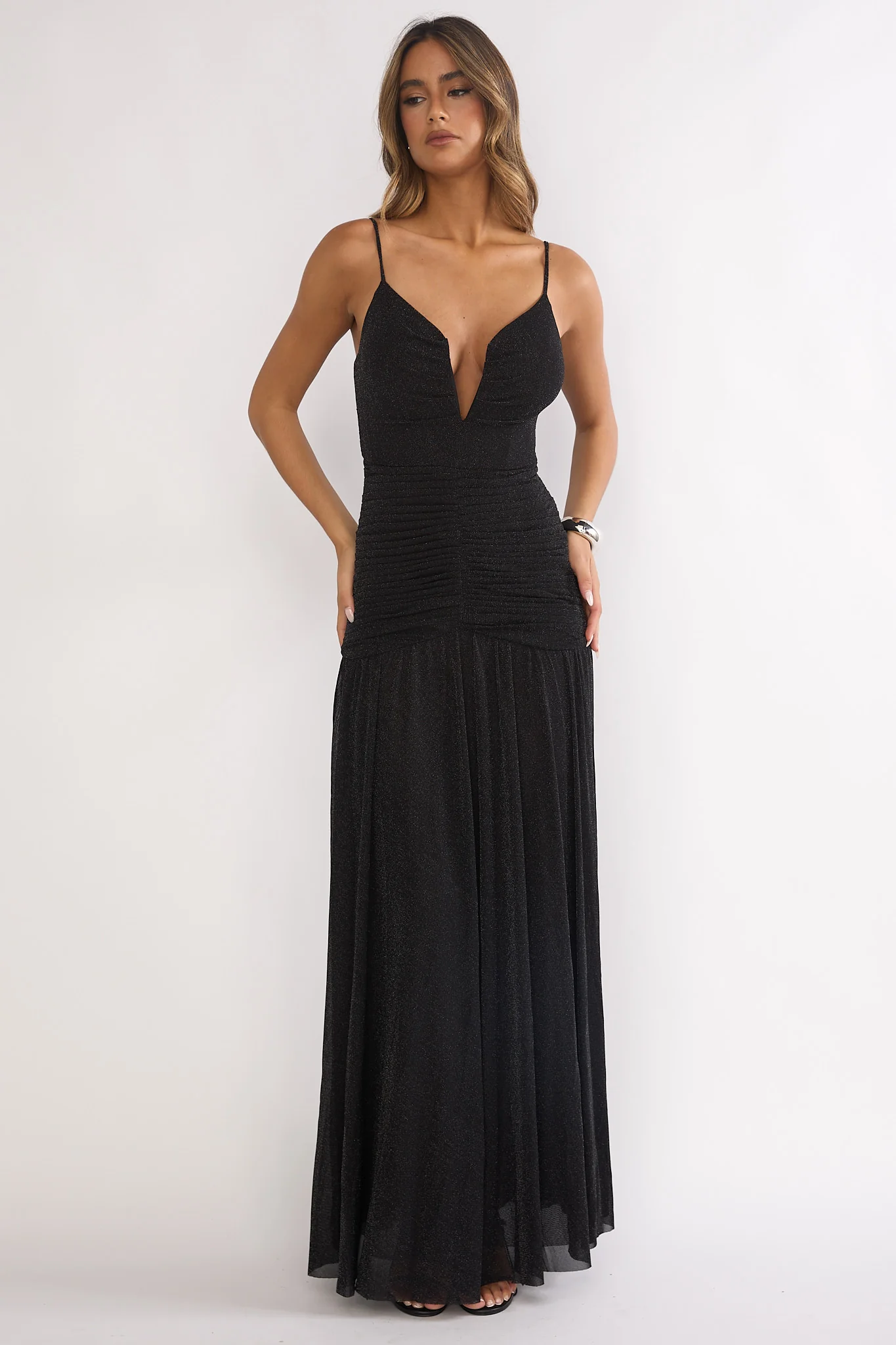 Orizel Pintuck Drop Waist Maxi Dress Sparkle Black - Image 6