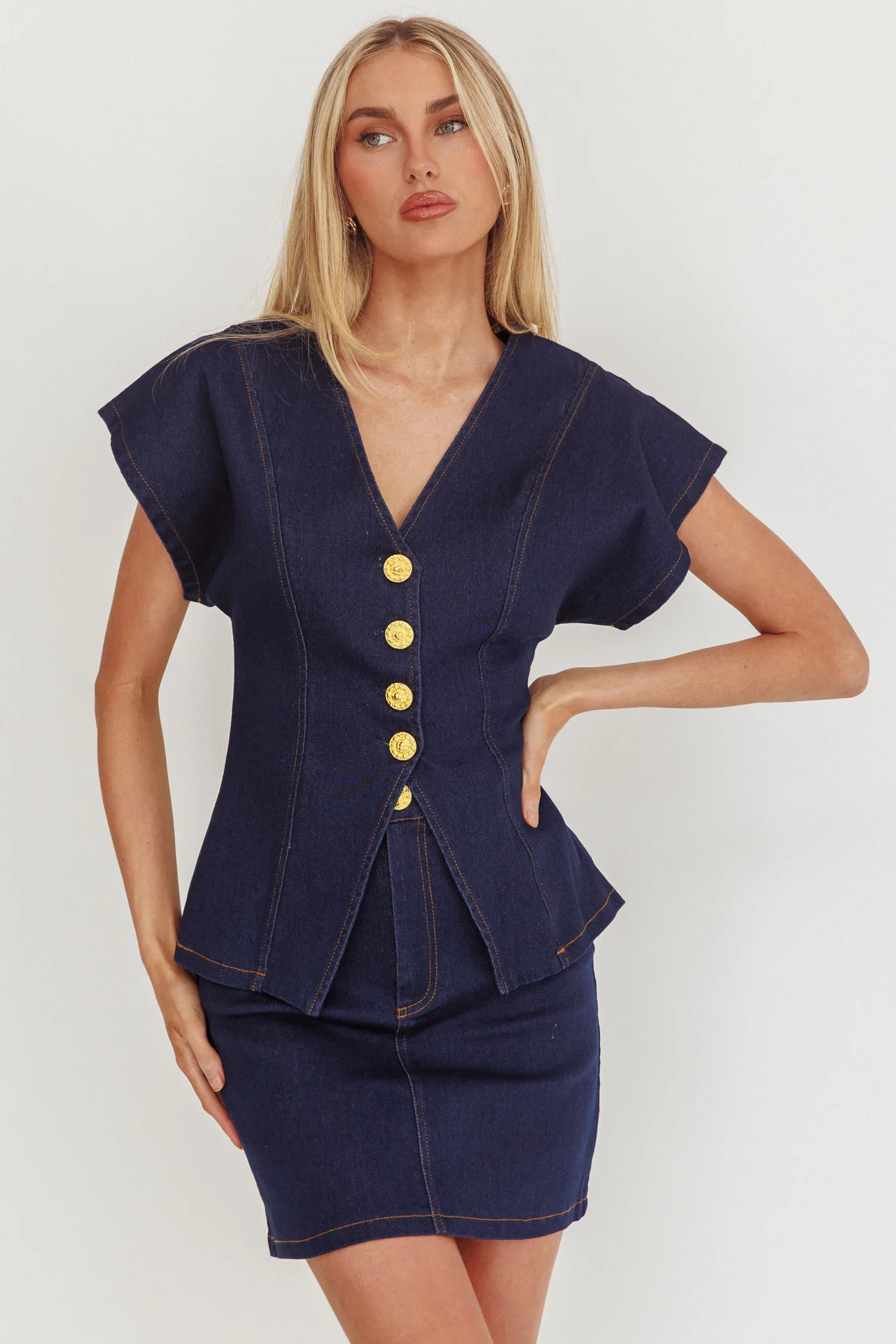 Over It Short Gold Button Mini Skirt Denim - Image 5