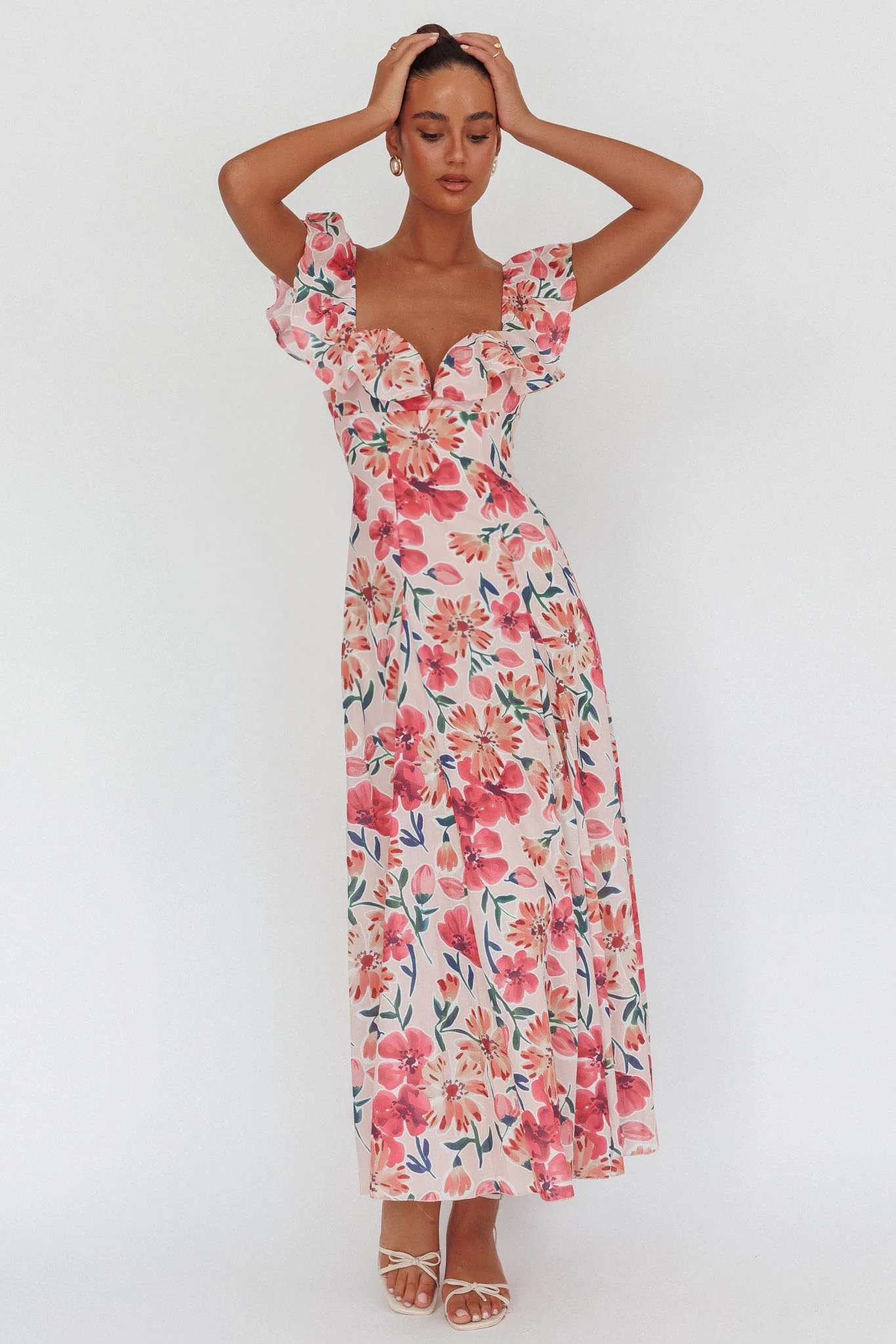Palms Ruffle Sleeve Tied Back Maxi Dress Floral Pink - Image 2