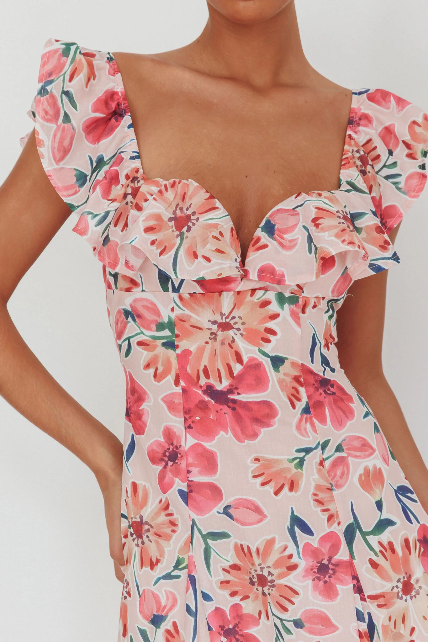Palms Ruffle Sleeve Tied Back Maxi Dress Floral Pink - Image 3