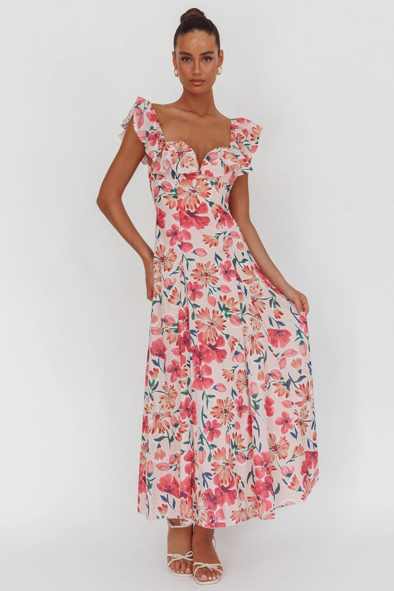 Palms Ruffle Sleeve Tied Back Maxi Dress Floral Pink - Image 4