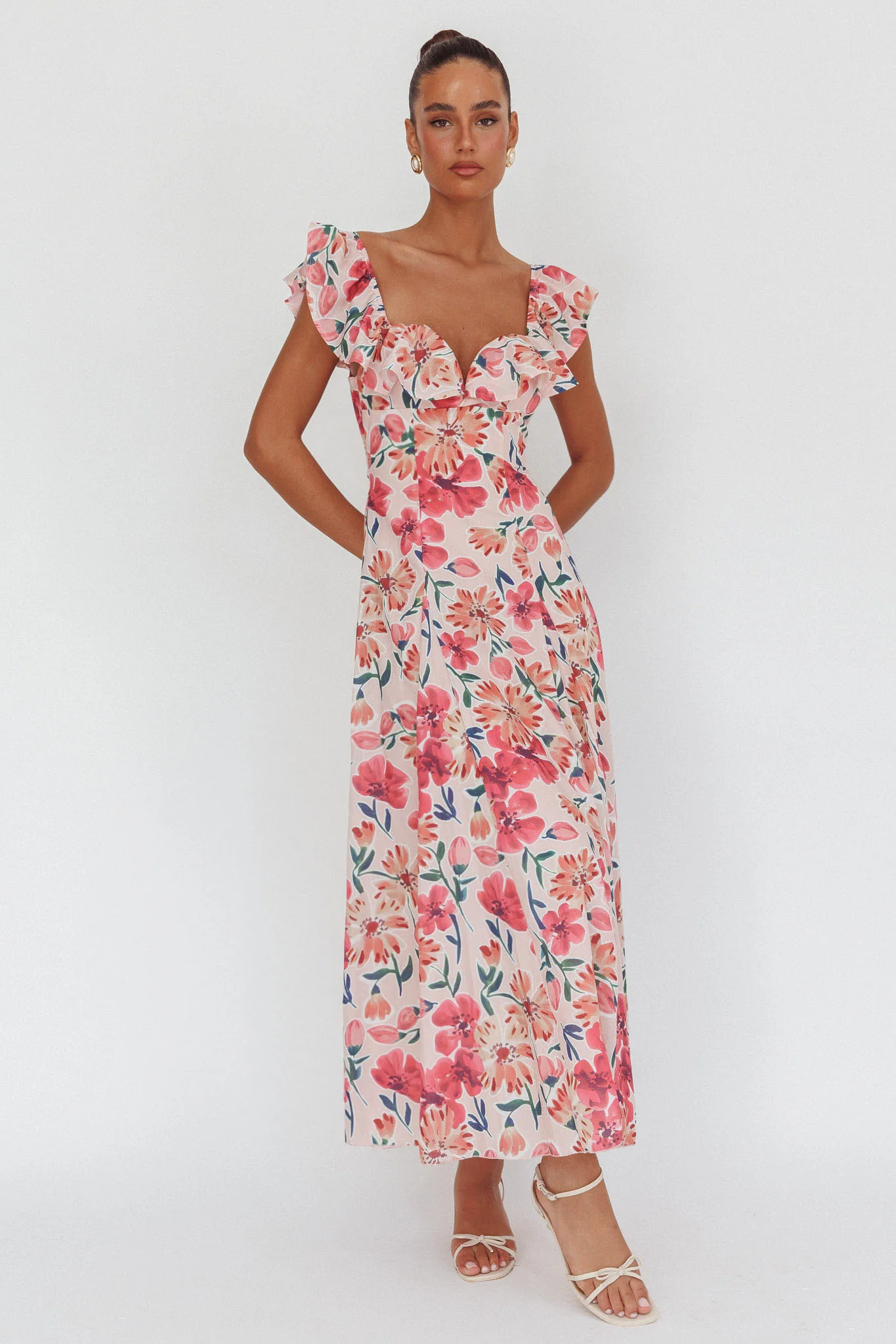 Palms Ruffle Sleeve Tied Back Maxi Dress Floral Pink - Image 5