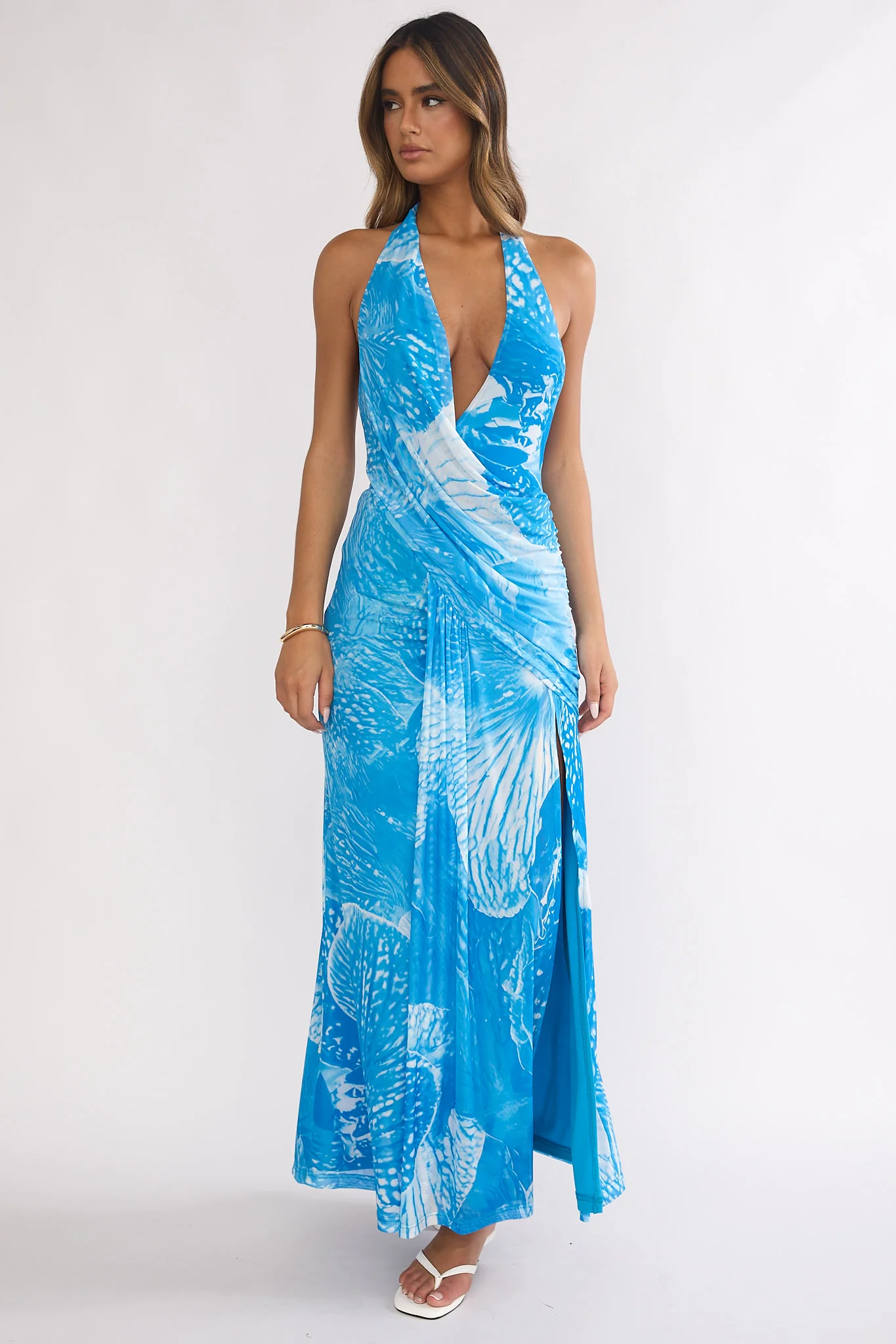 Palomino Plunging Halter Maxi Dress Print Blue - Image 5