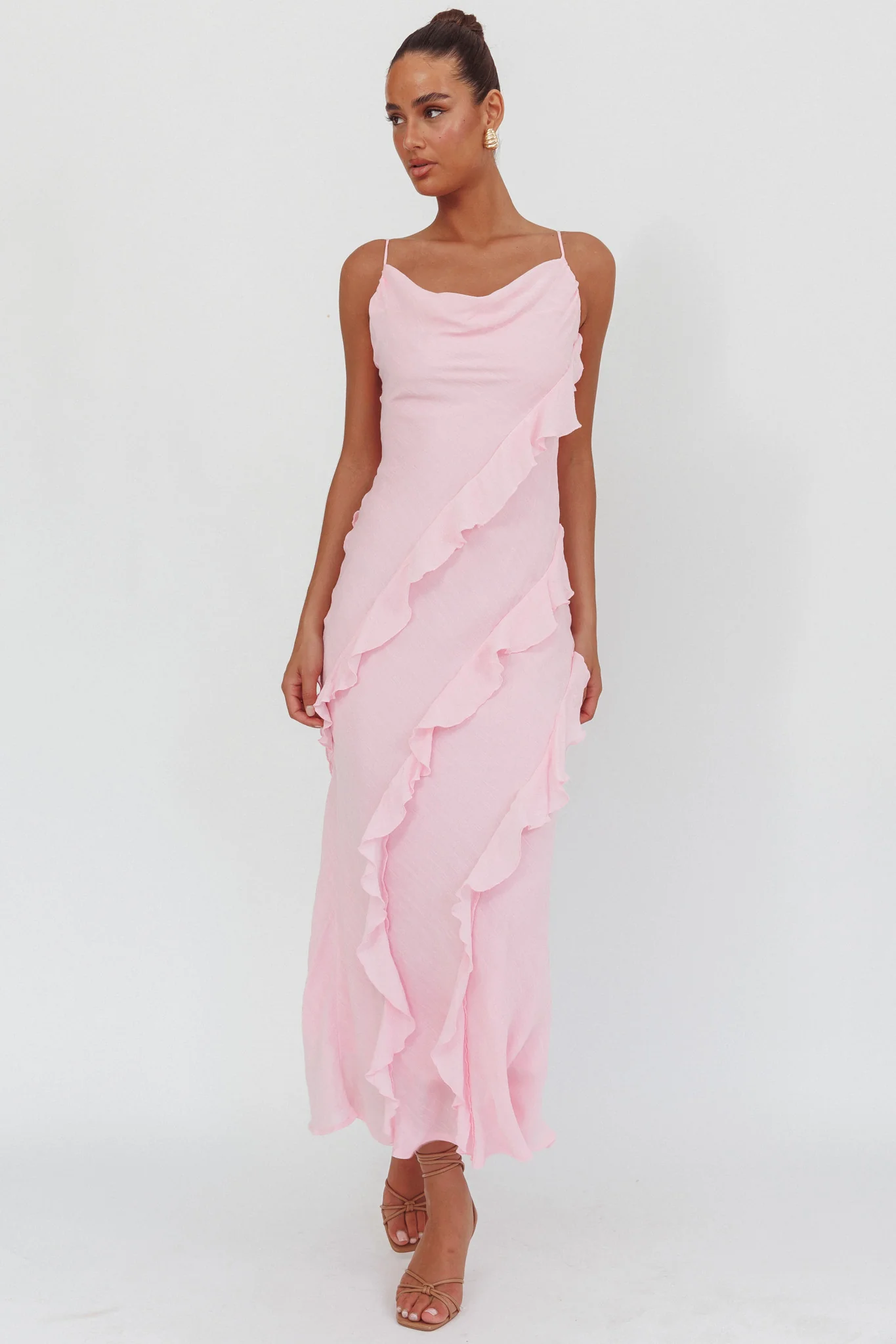Panama Bay Ruffle Trim Cowl Neck Maxi Dress Pink - Image 2