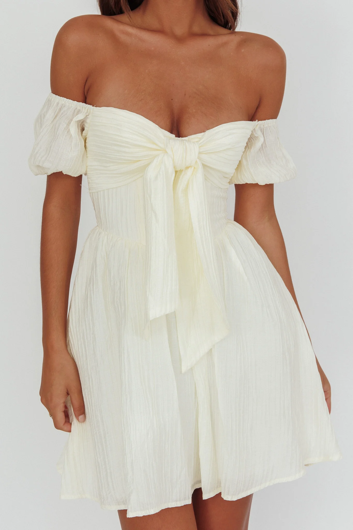 Perfect Worlds Off-Shoulder Mini Dress Textured Ivory - Image 3