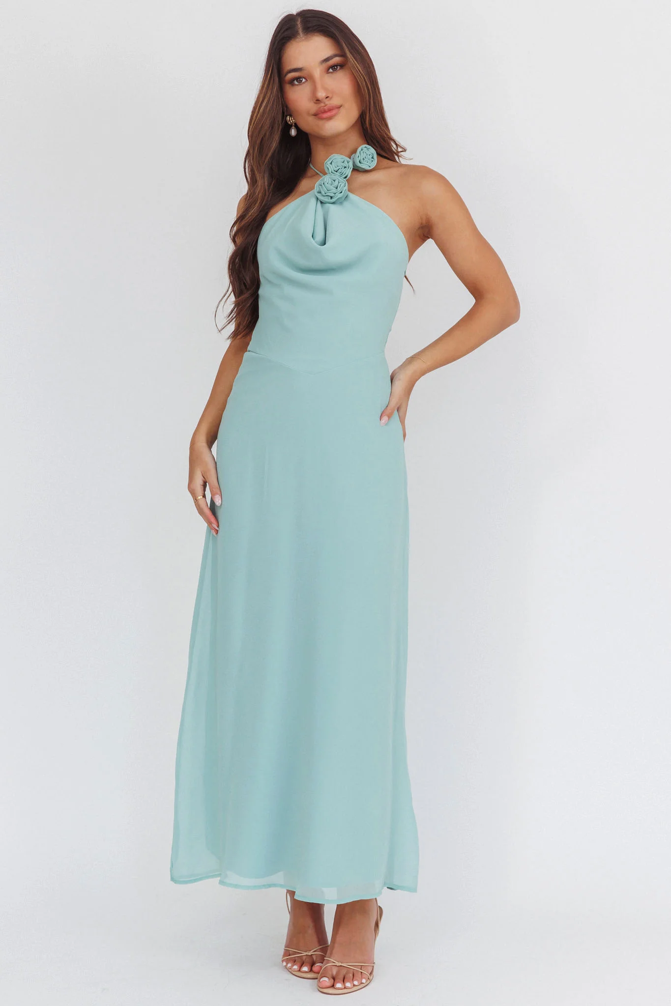 Petronilla Rosette Halterneck Maxi Dress Sage - Image 4