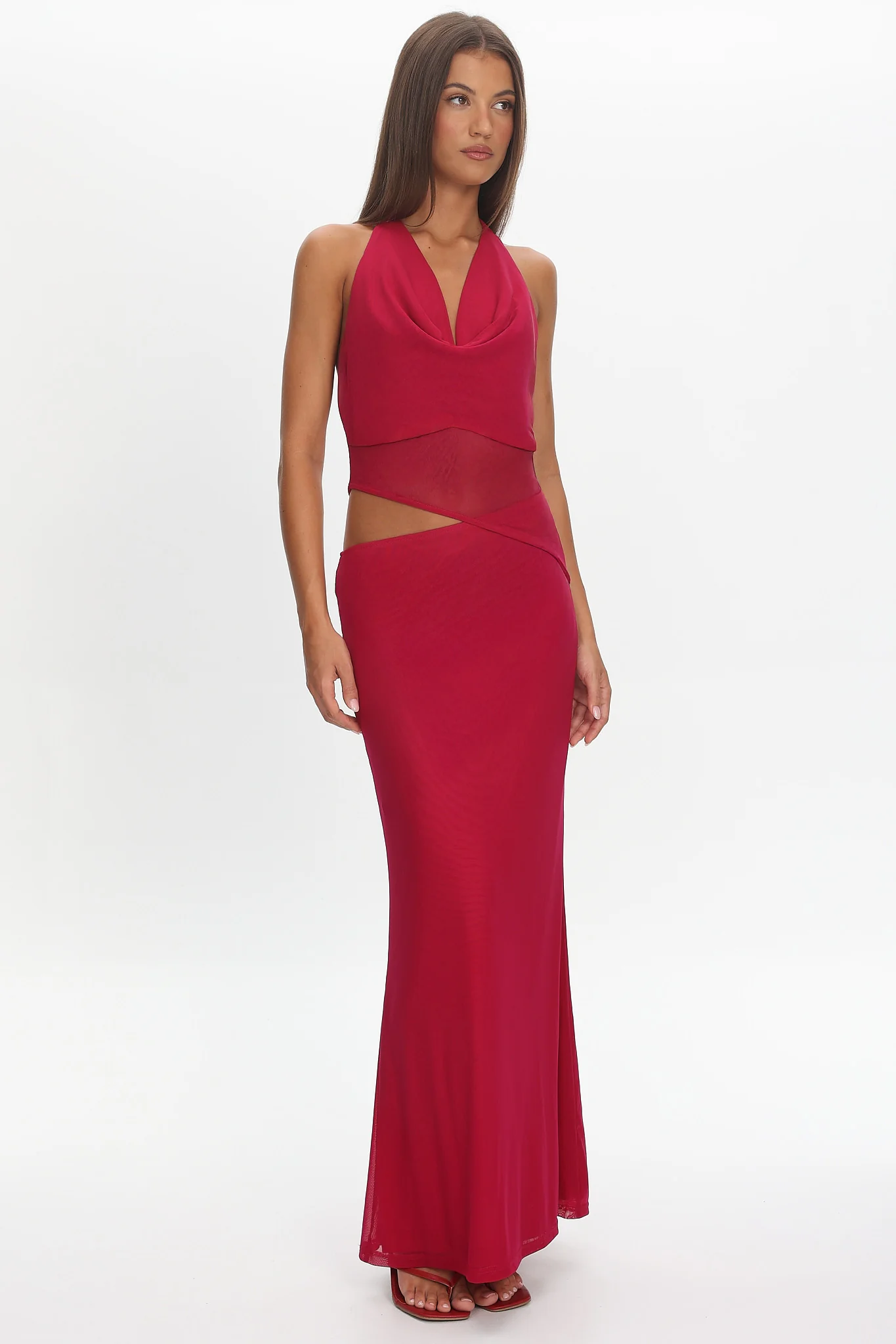 Playing Games Cut-Out Cowl Halter Dress Berry - Image 2