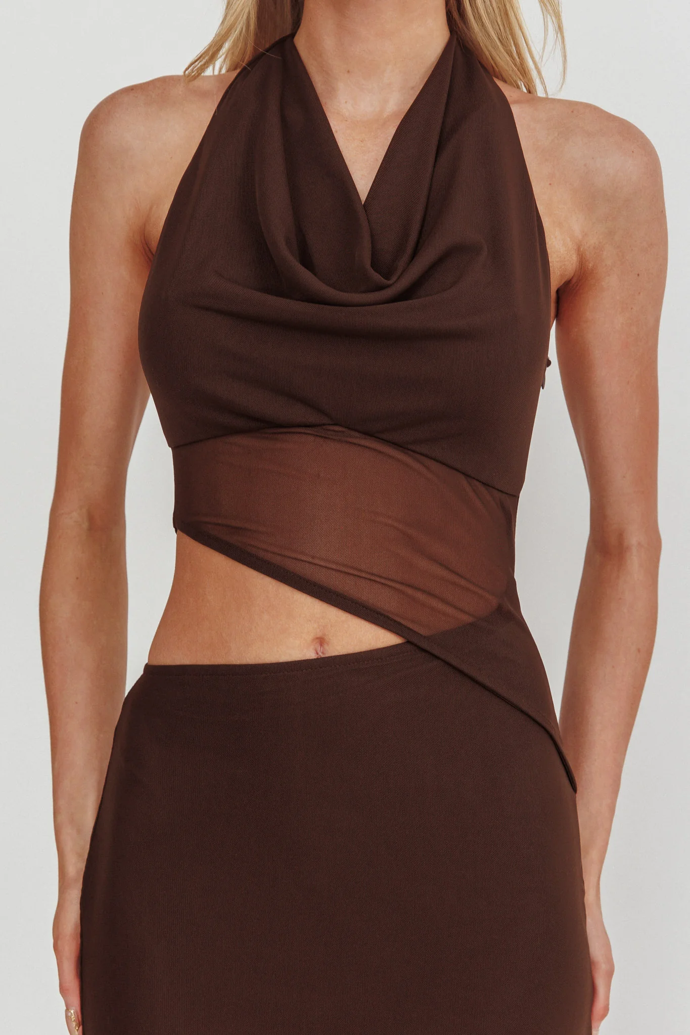 Playing Games Cut-Out Cowl Halter Dress Chocolate - Image 3