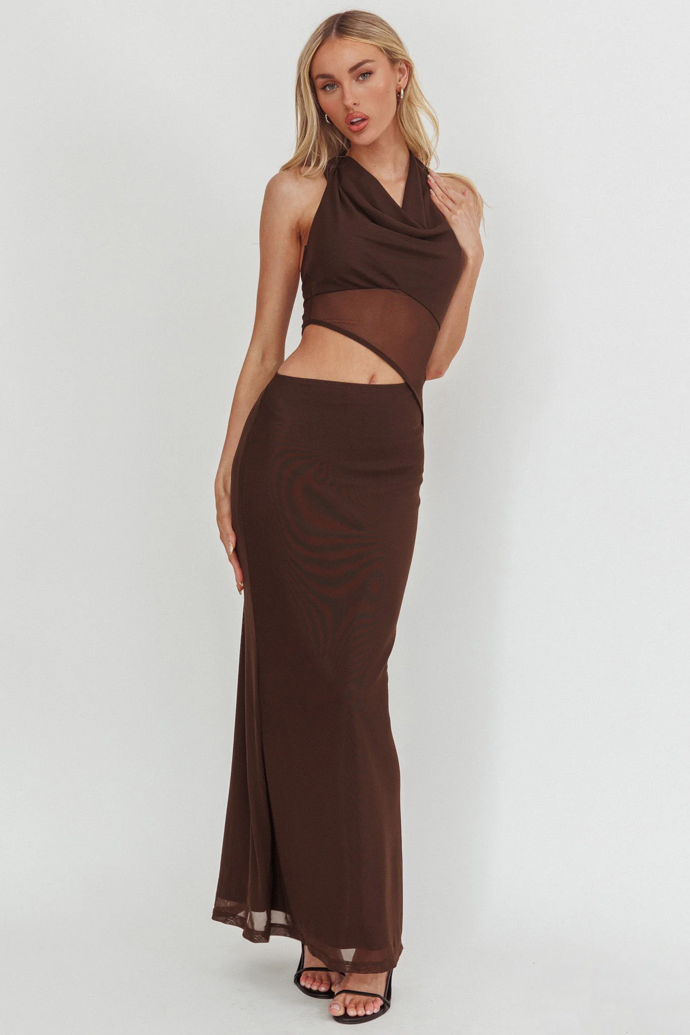 Playing Games Cut-Out Cowl Halter Dress Chocolate - Image 4