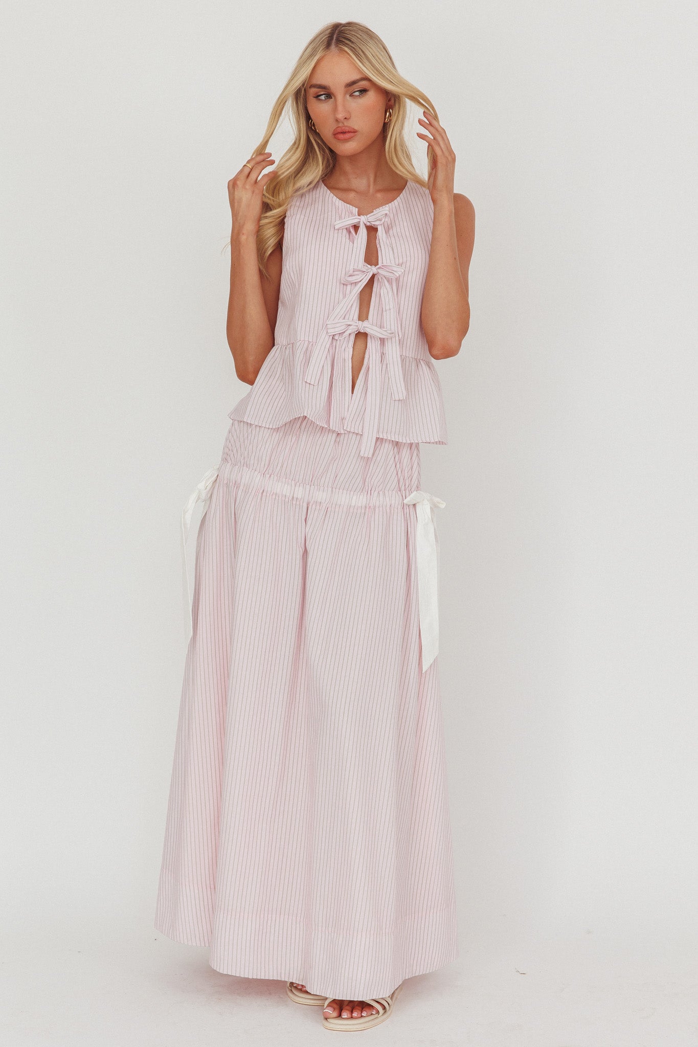 Salty Sea Side Bow Maxi Skirt Blush Stripe - Image 4