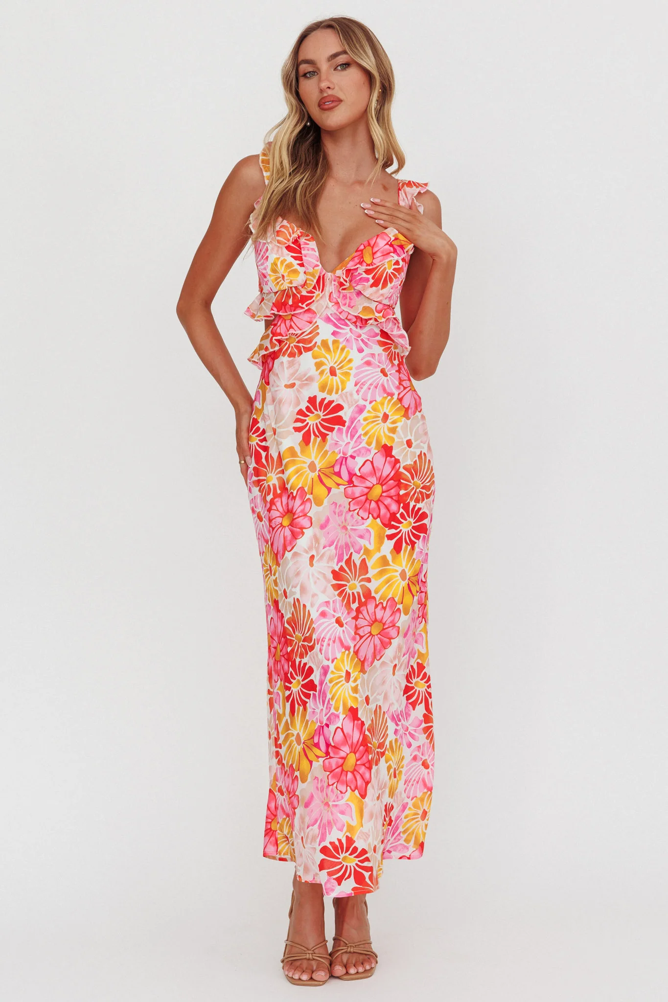 Second Chances Ruffle Trim Maxi Dress Flower Pink - Image 4