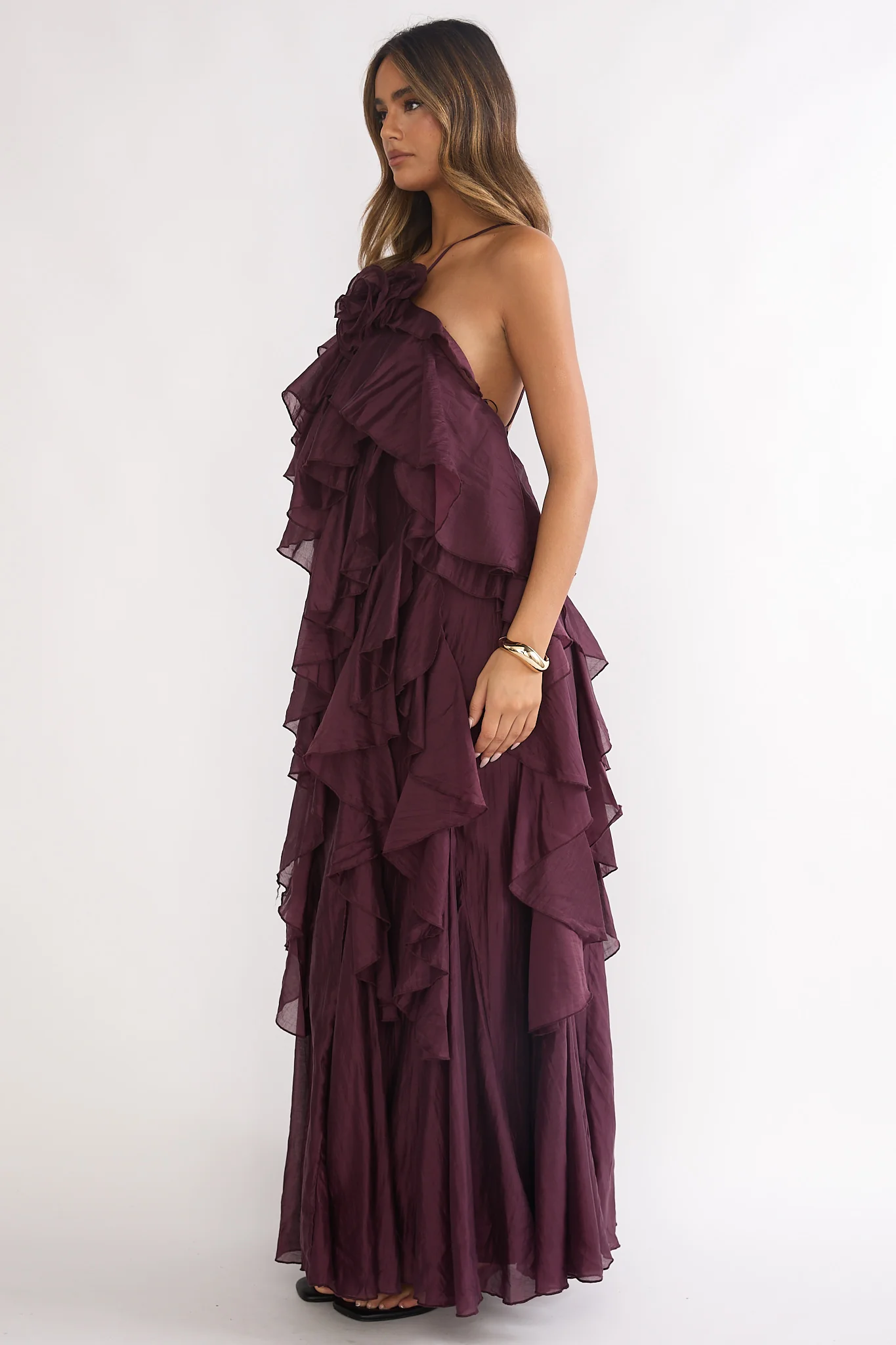 Secret Rendezvous Layered Ruffle Maxi Dress Maroon - Image 2