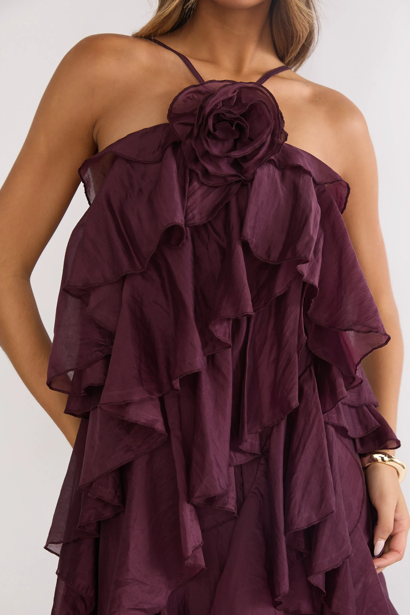 Secret Rendezvous Layered Ruffle Maxi Dress Maroon - Image 5