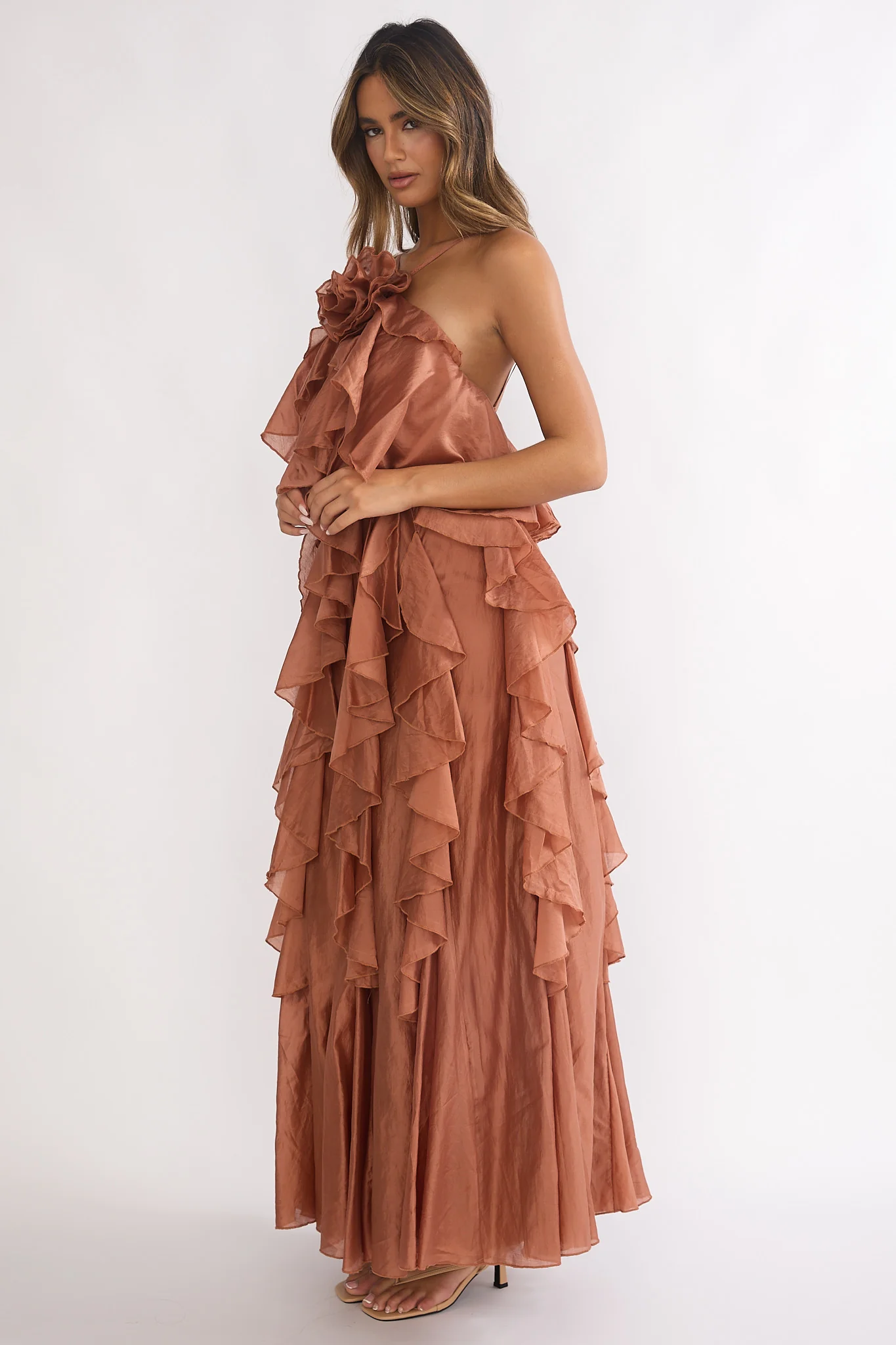 Secret Rendezvous Layered Ruffle Maxi Dress Rust - Image 4