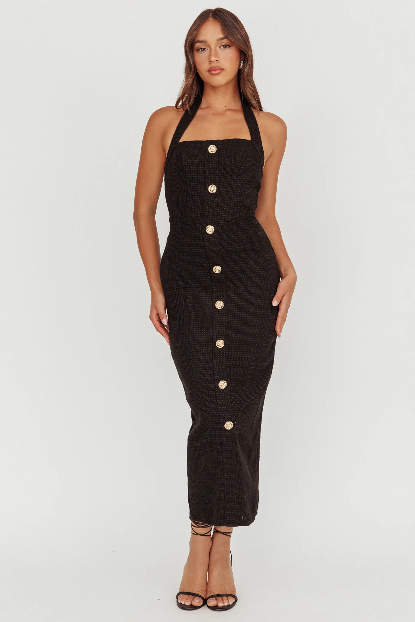 She Is Button Front Halter Midi Dress Tweed Black - Image 5