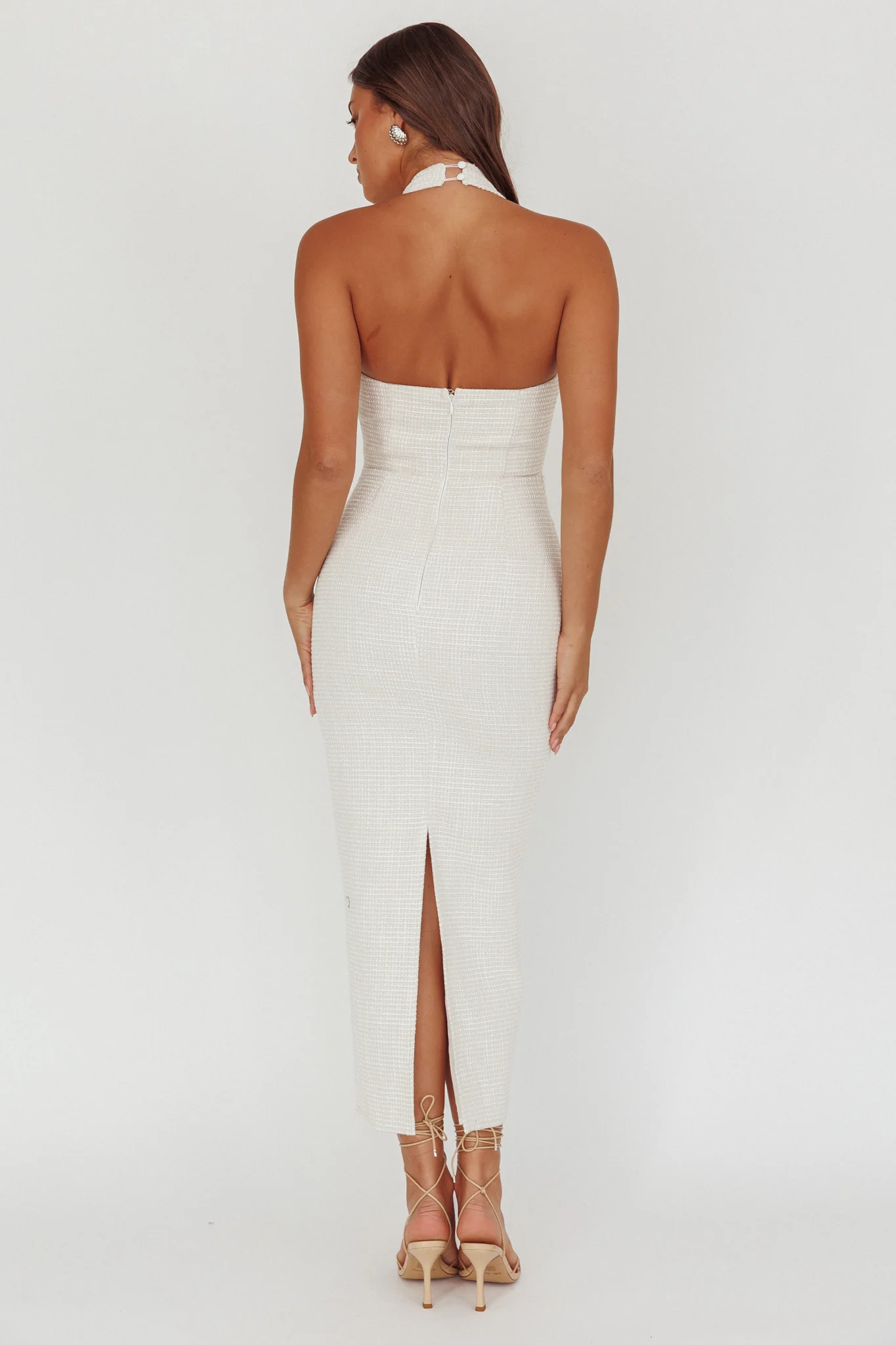 She Is Button Front Halter Midi Dress Tweed White - Image 3