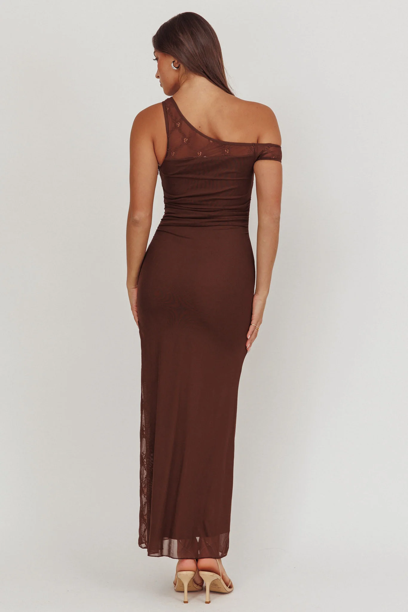 Sher One-Shoulder Lace Panel Maxi Dress Chocolate - Image 2