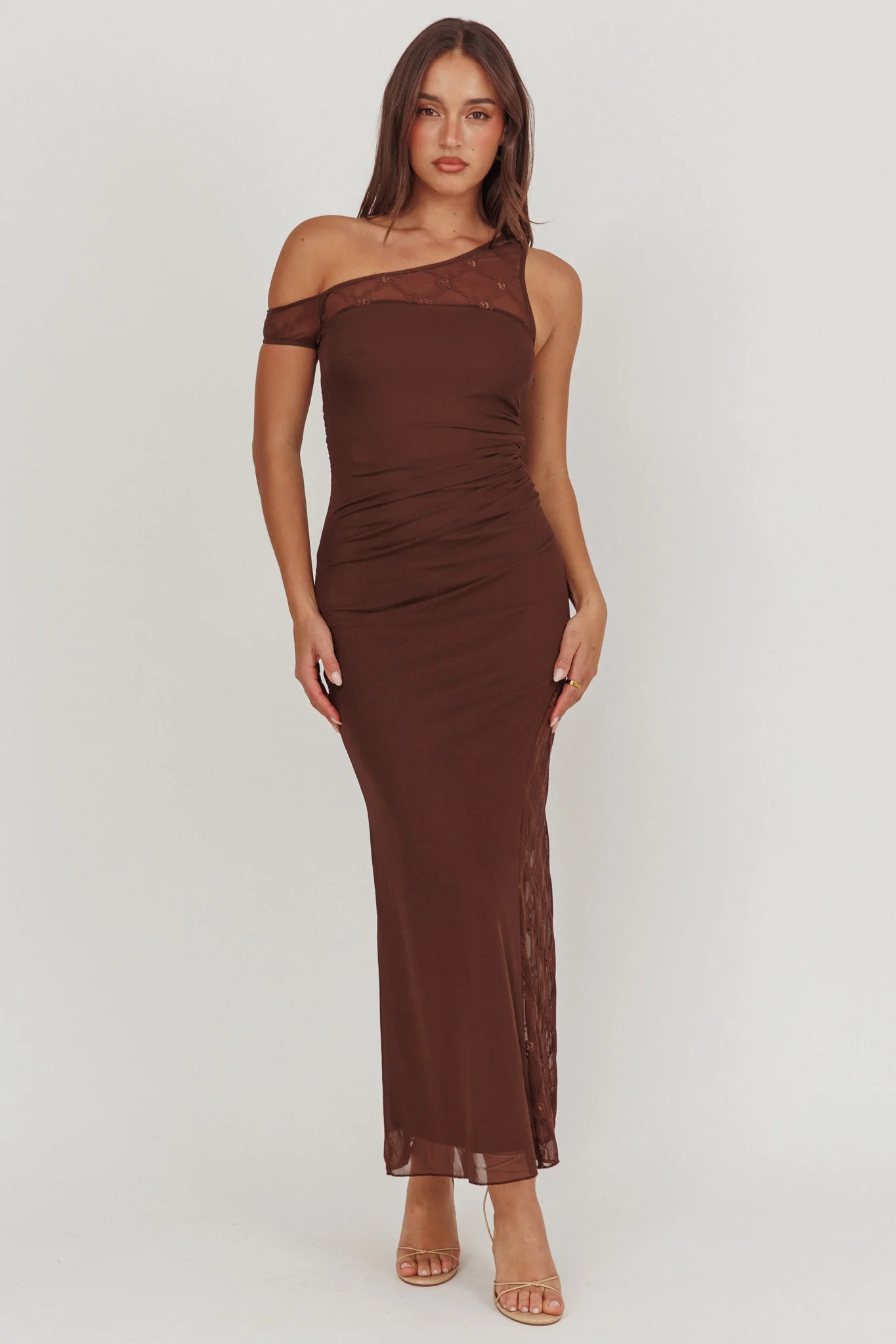 Sher One-Shoulder Lace Panel Maxi Dress Chocolate - Image 5