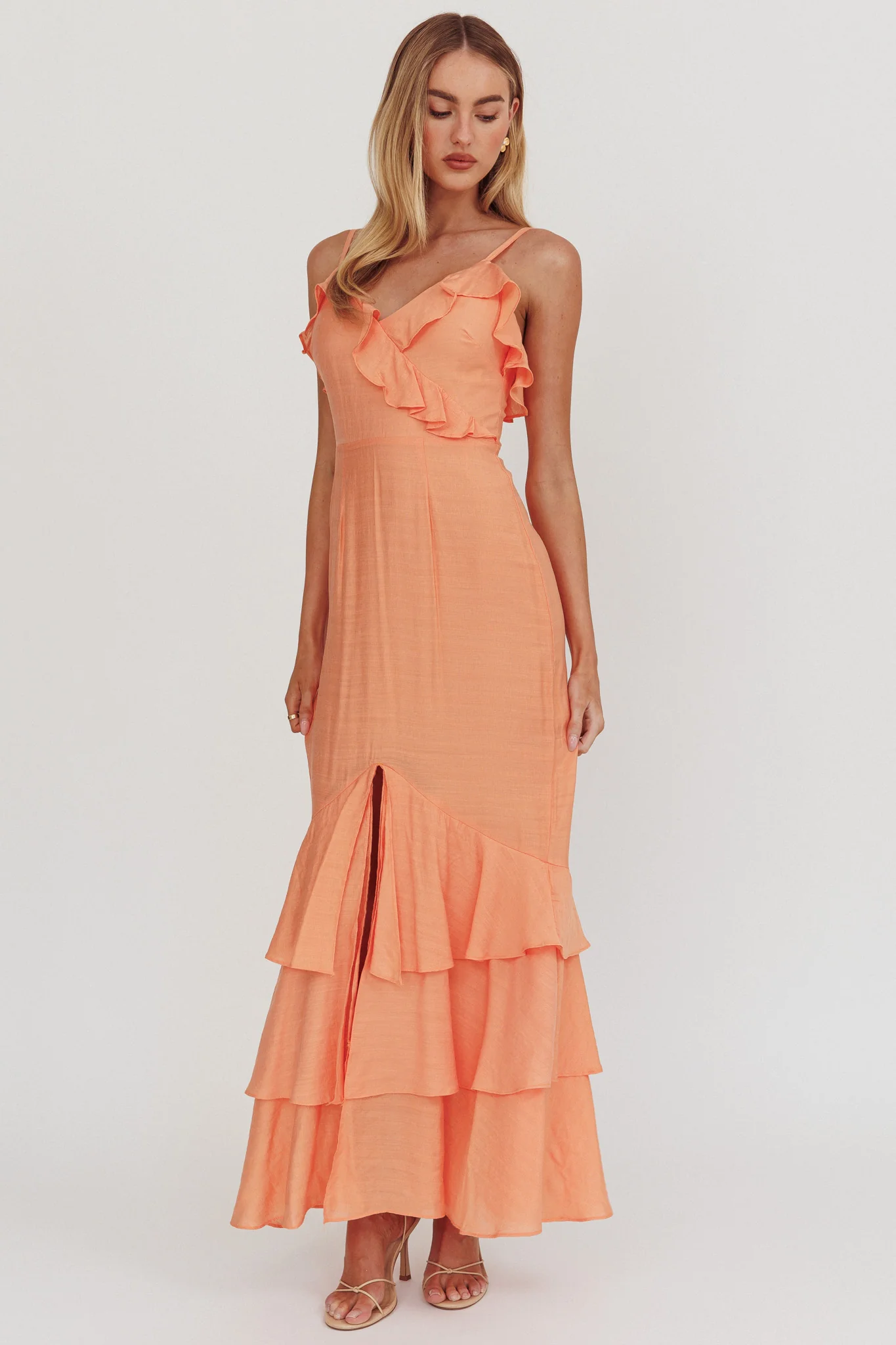 Silvana Frill Trim Split Maxi Dress Orange - Image 4