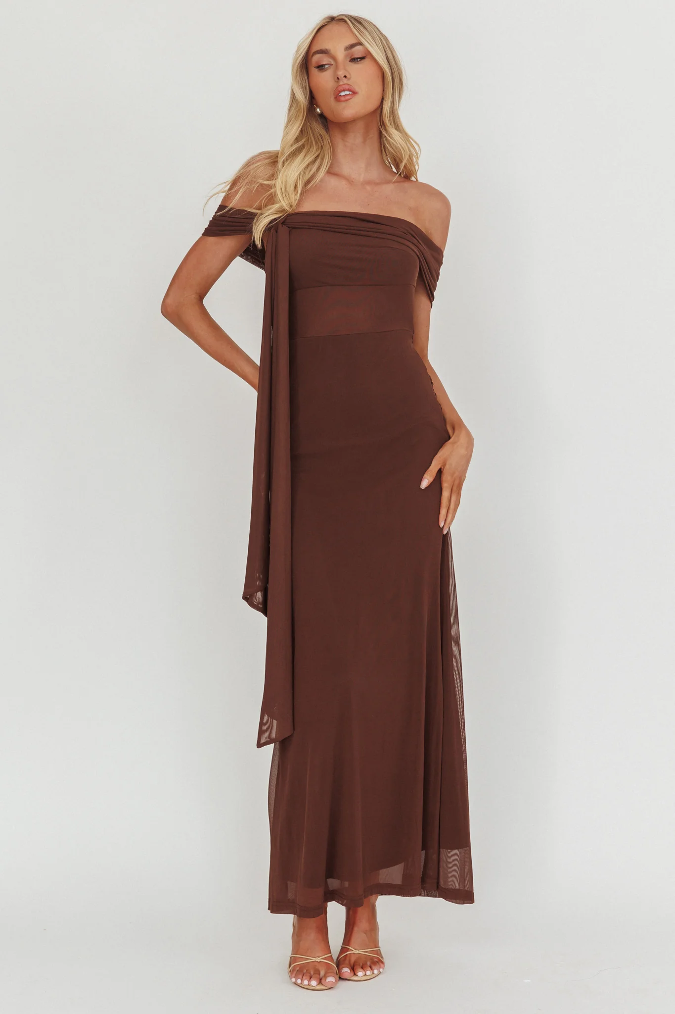 Silver Moon Tied Off-Shoulder Maxi Dress Chocolate - Image 5