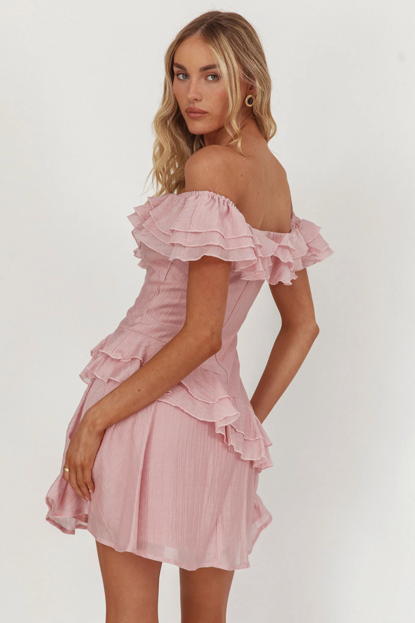 Sinclair Off-Shoulder Ruffle Trim Mini Dress Blush - Image 2
