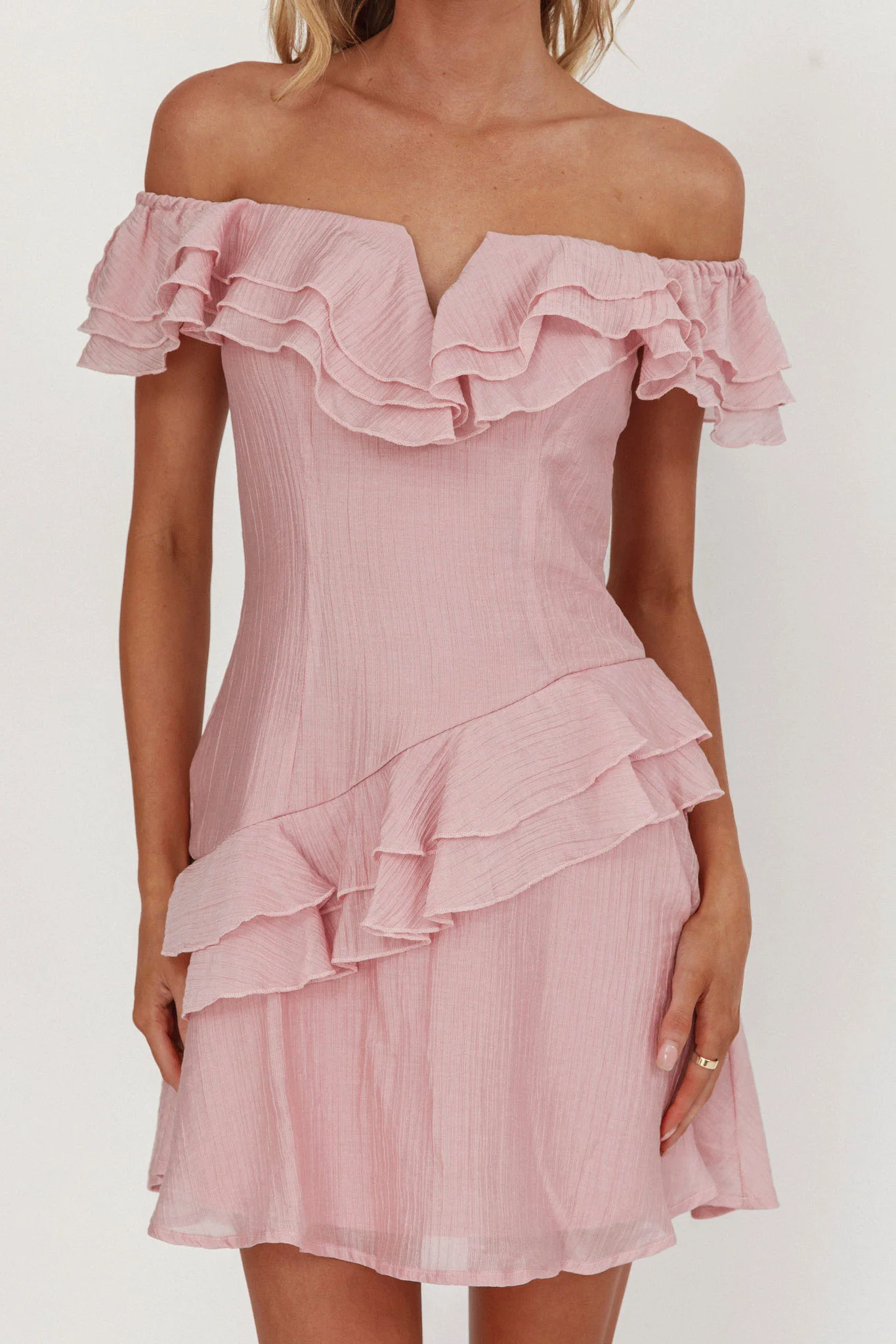 Sinclair Off-Shoulder Ruffle Trim Mini Dress Blush - Image 3