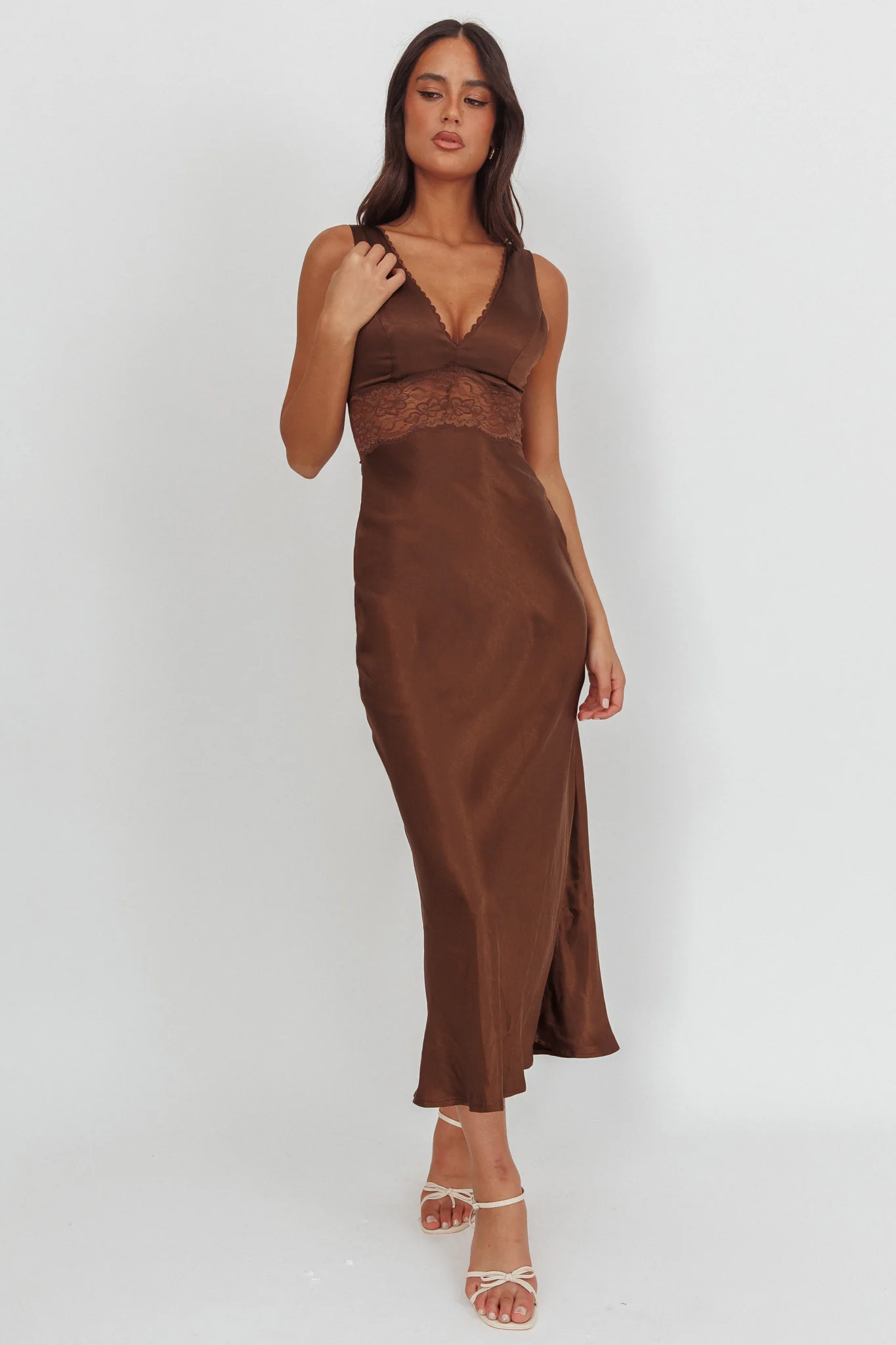 So Sweet Lace Trim Maxi Dress Chocolate - Image 3
