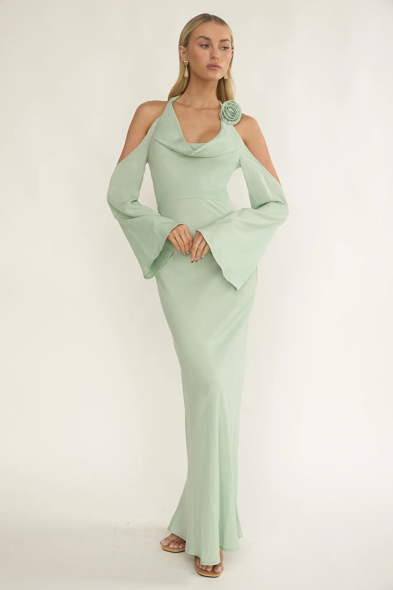 Solenne Cowl Neck Cold Shoulder Maxi Dress Sage - Image 4
