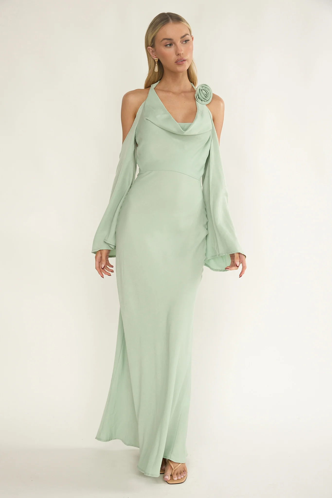 Solenne Cowl Neck Cold Shoulder Maxi Dress Sage - Image 5