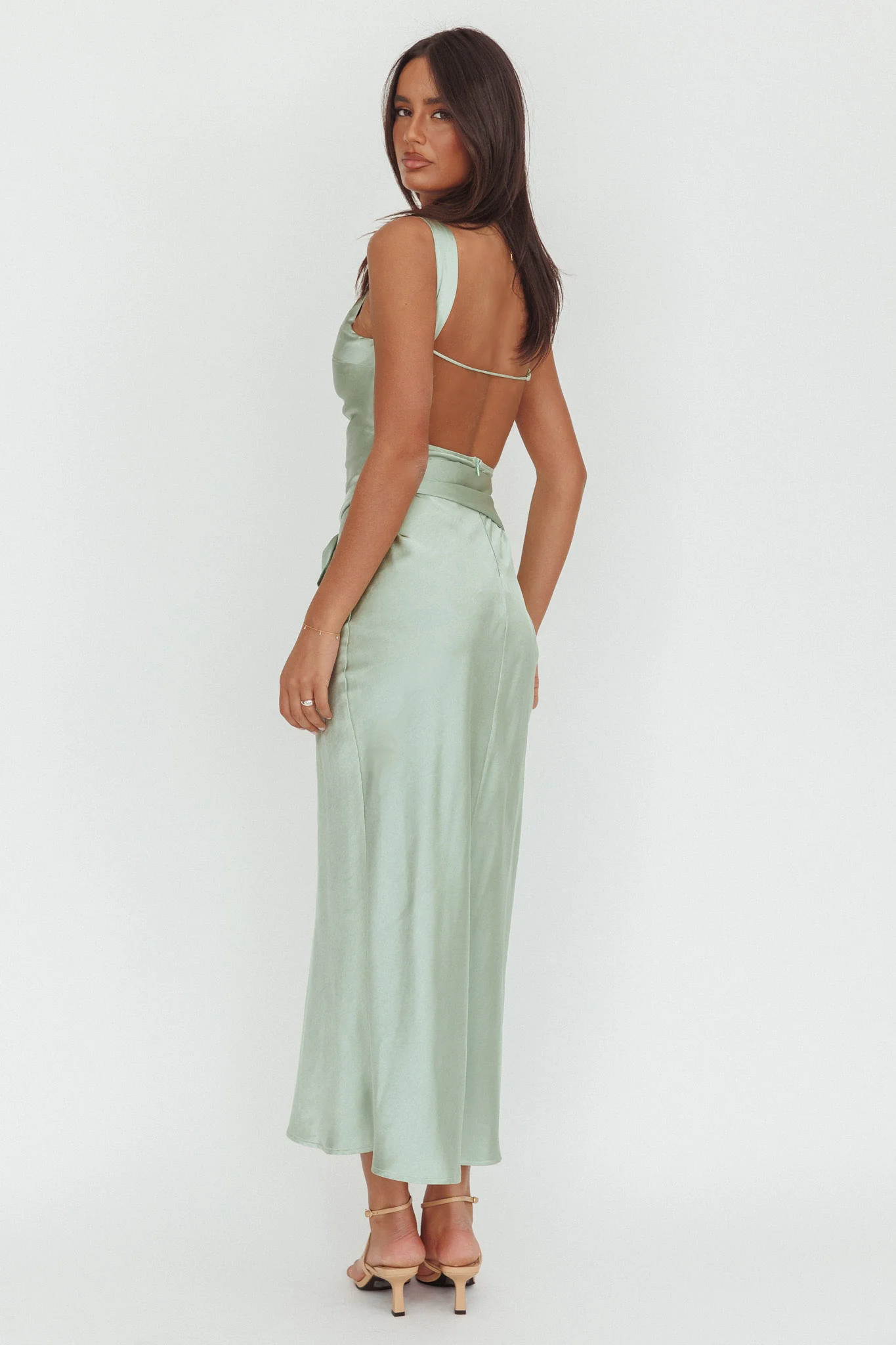Standing By Backless Waist Tie Maxi Dress Sage - Image 2