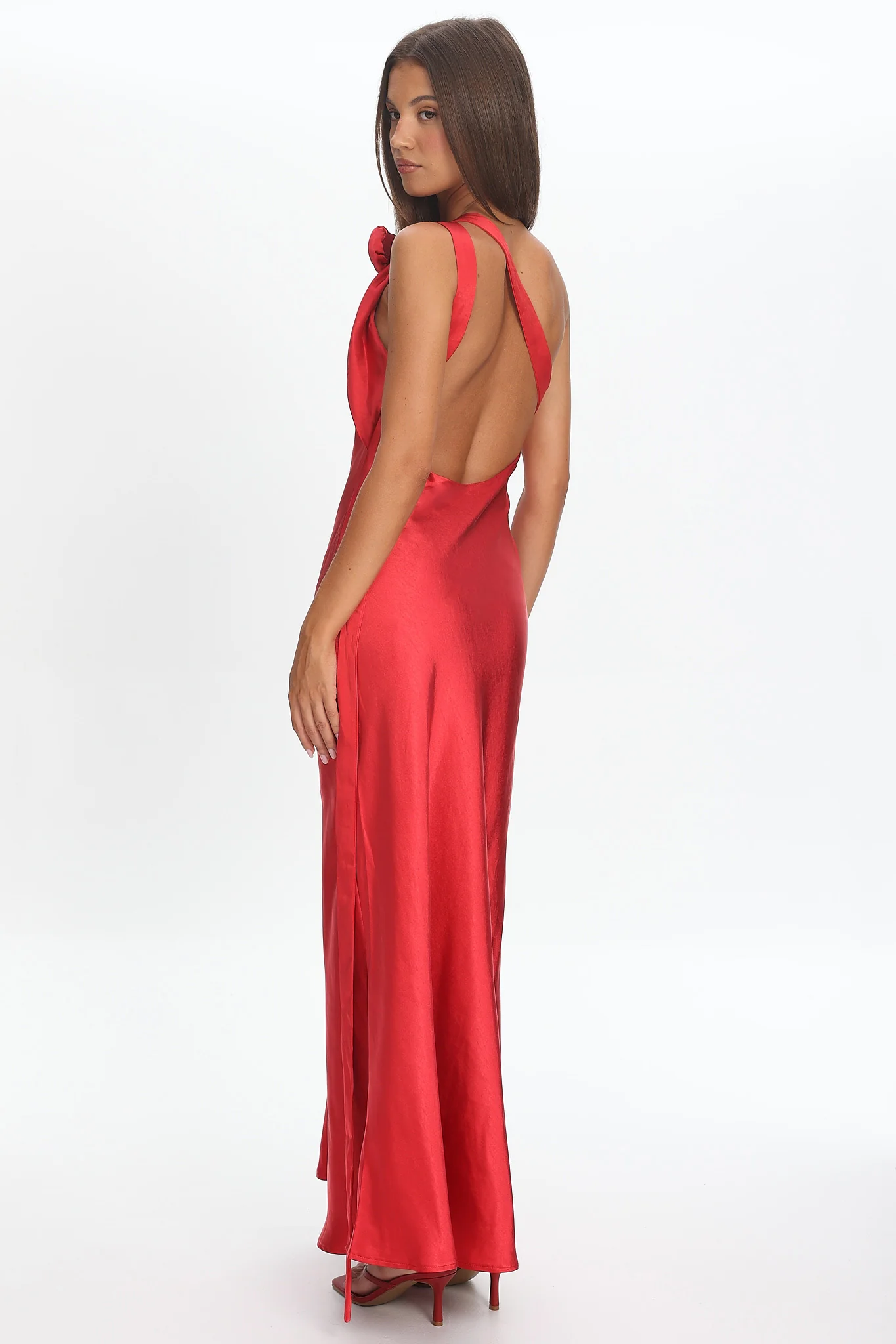 Star Fall One-Shoulder Rosette Maxi Dress Red - Image 3