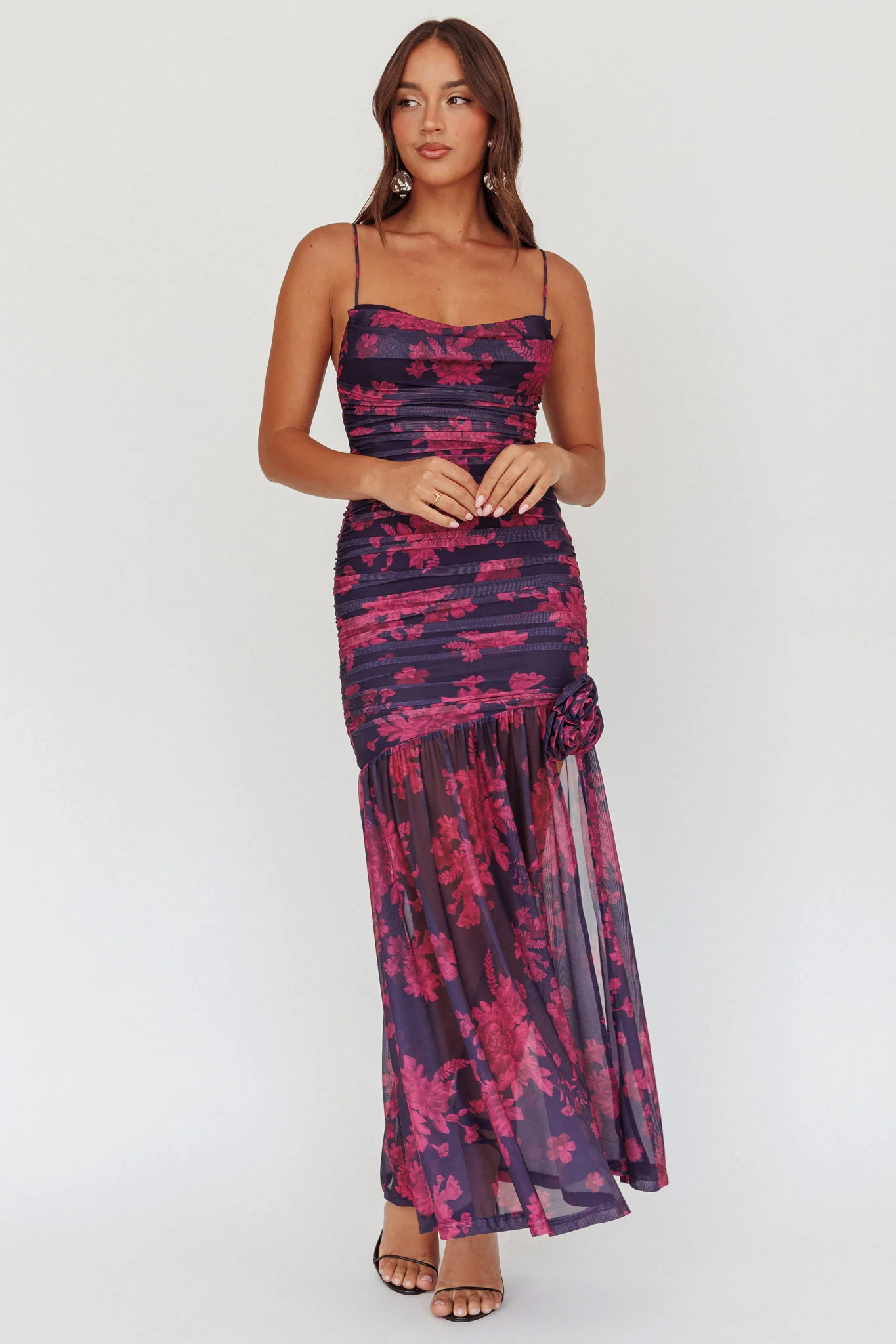 Stole The Show Ruched Mesh Maxi Dress Floral Grape - Image 6