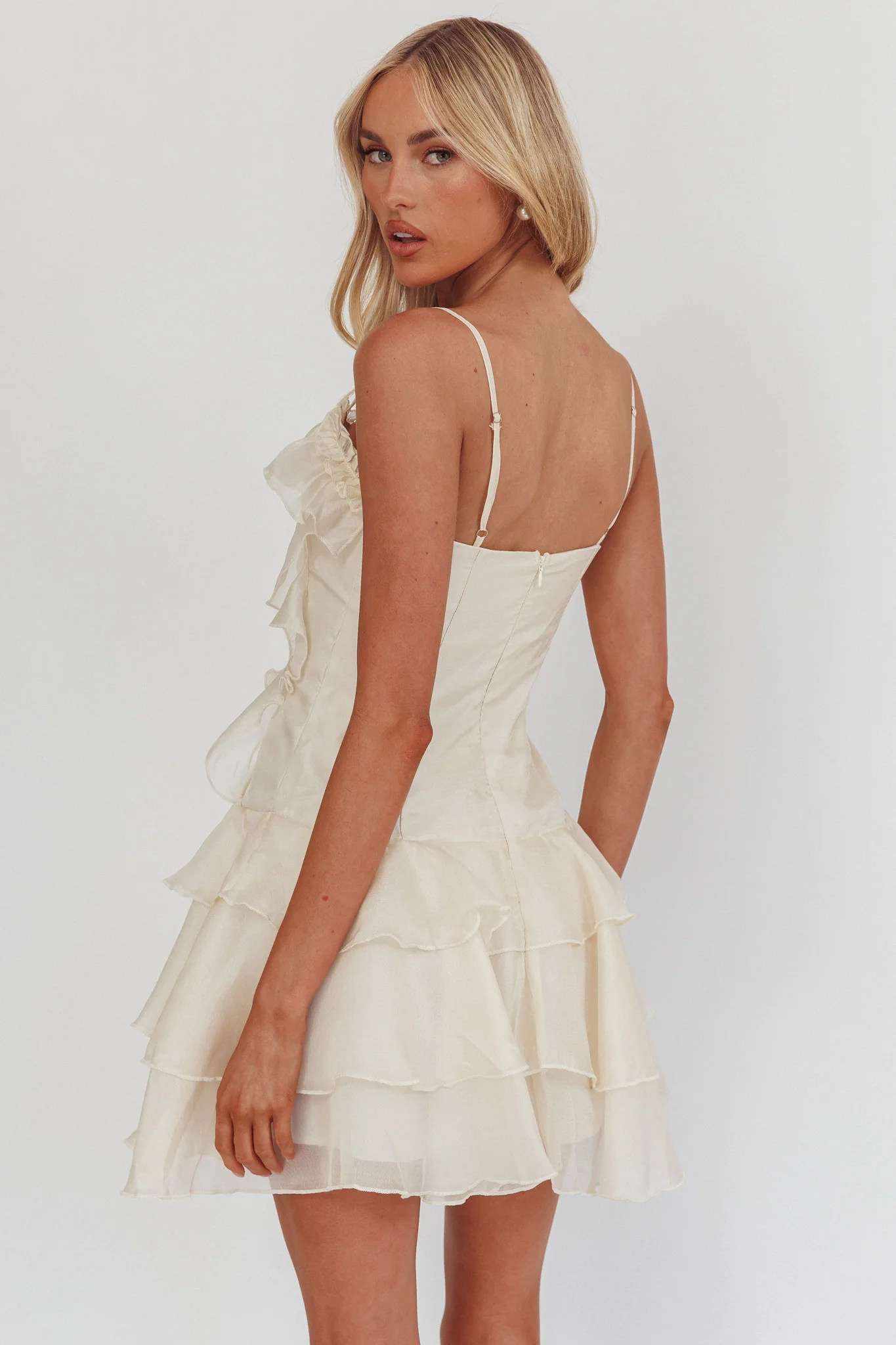 Sweetest Things Frill Trim Rosette Mini Dress Cream - Image 2