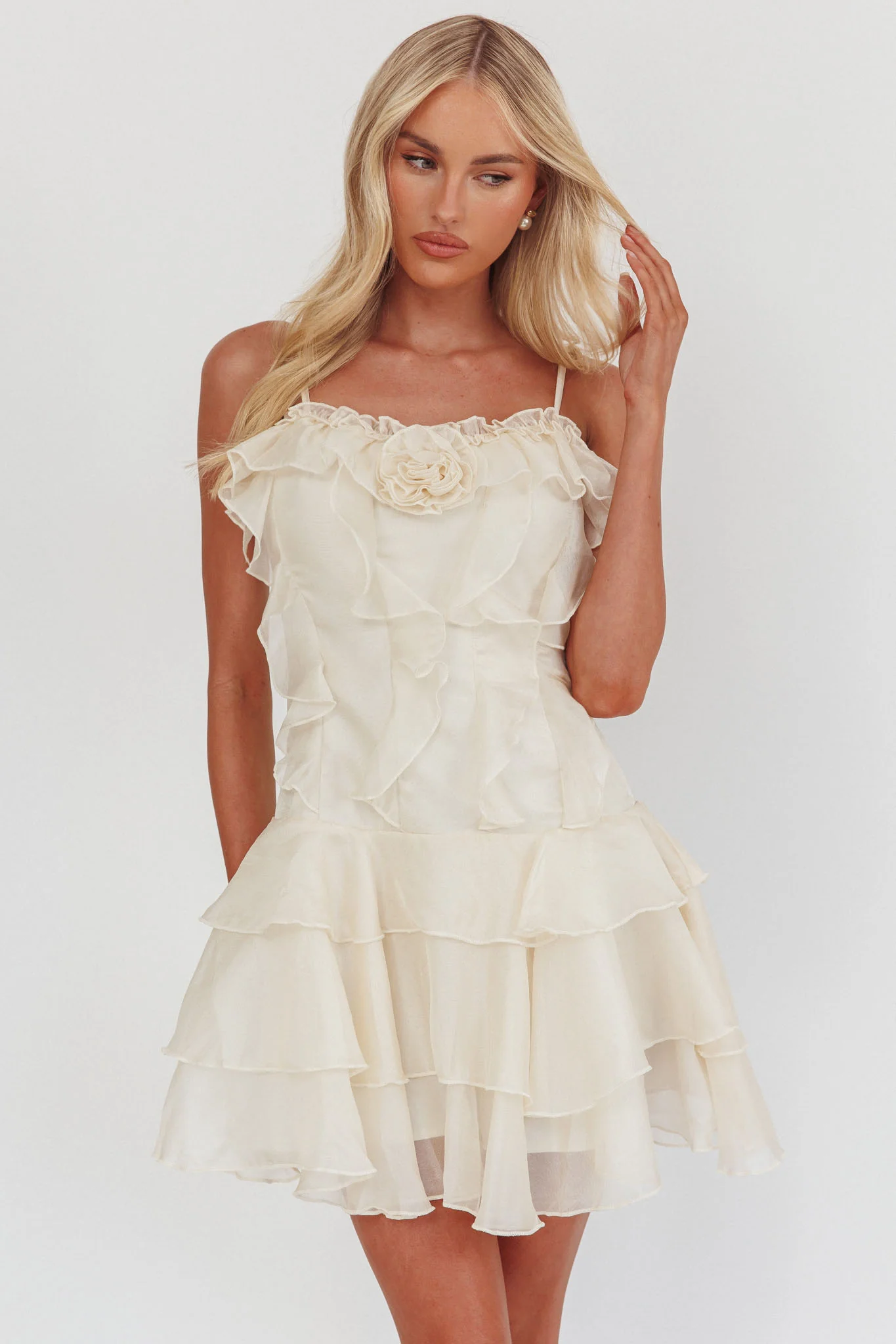 Sweetest Things Frill Trim Rosette Mini Dress Cream - Image 5