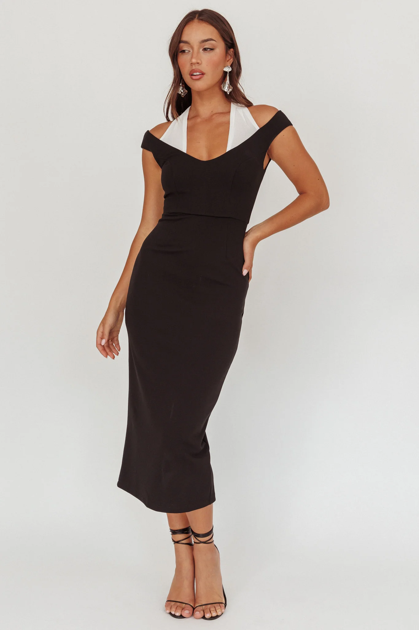 Tyla Contrast Mesh Halter Midi Dress Black - Image 4