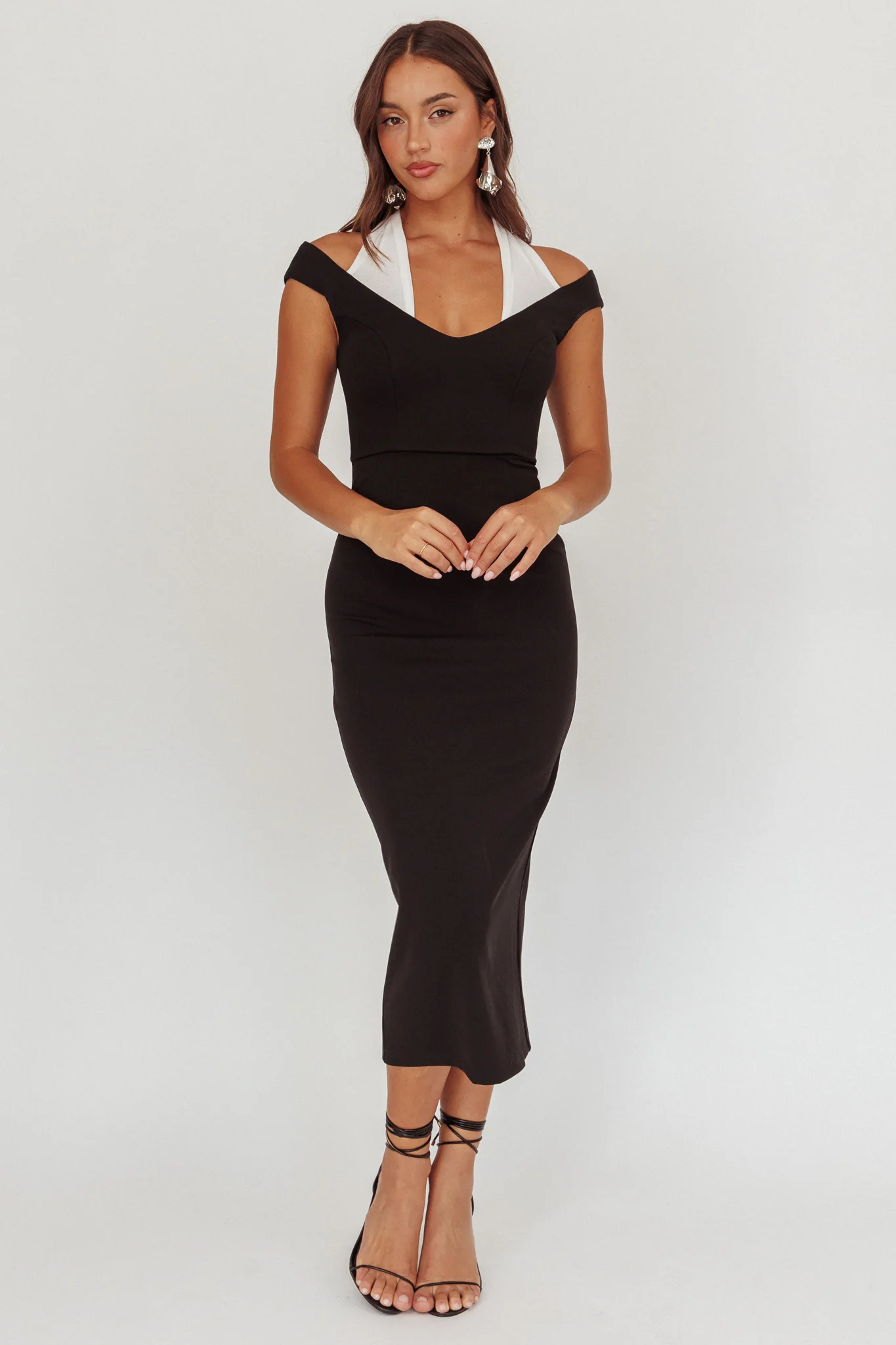 Tyla Contrast Mesh Halter Midi Dress Black - Image 5