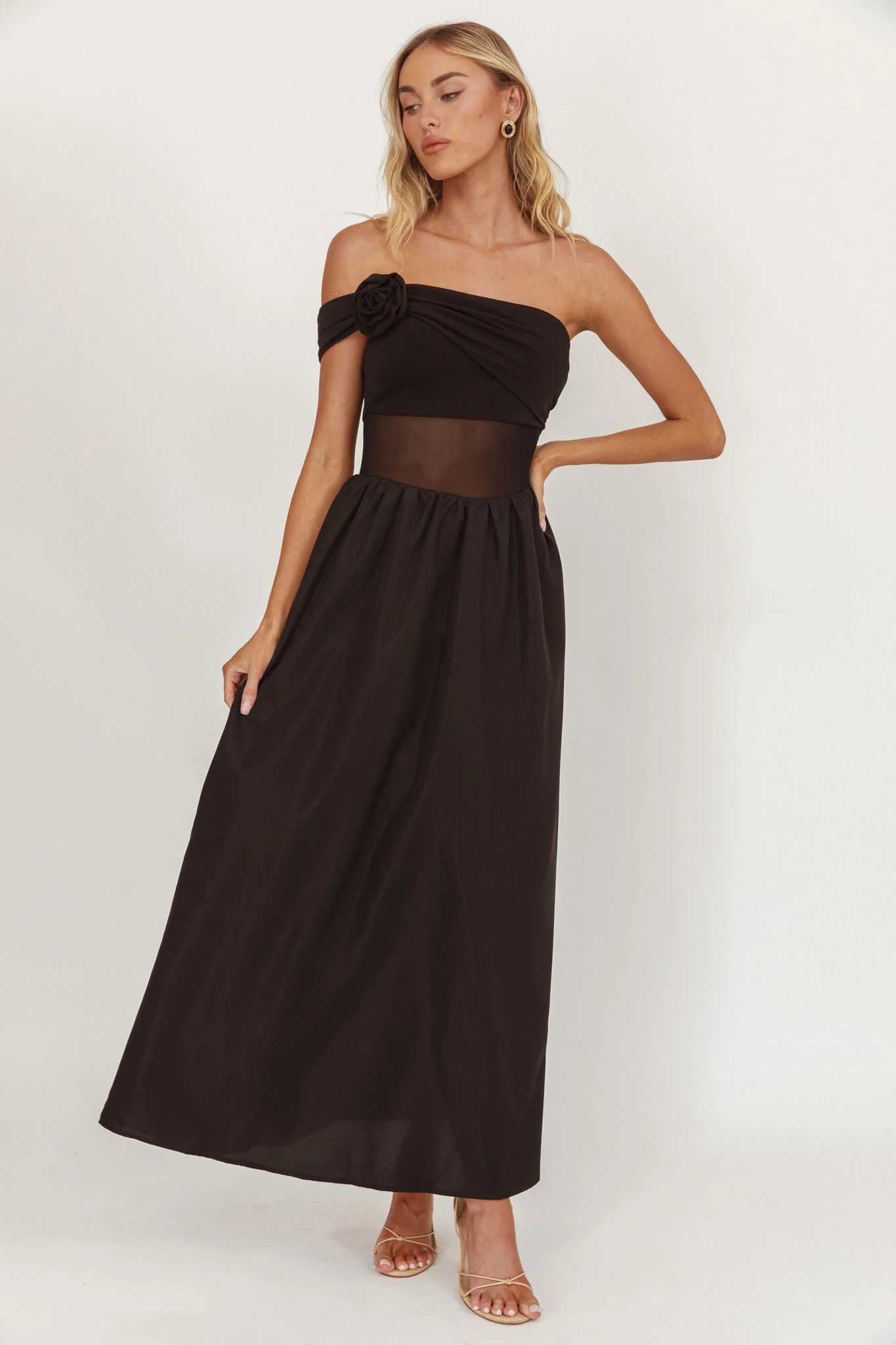 Uma One Sleeve Sheer Waist Midi Dress Black - Image 4