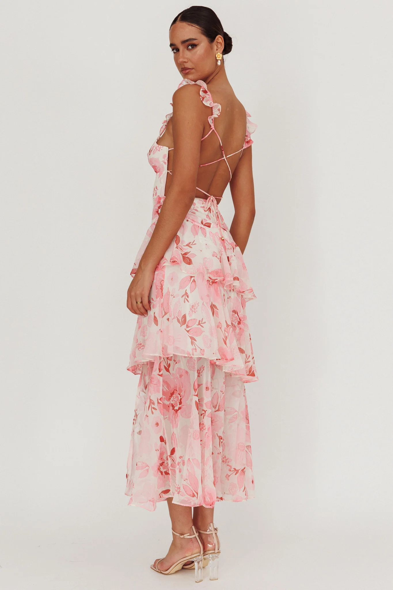 Veda Strappy Back Ruffle Maxi Dress Flowers Blush - Image 2