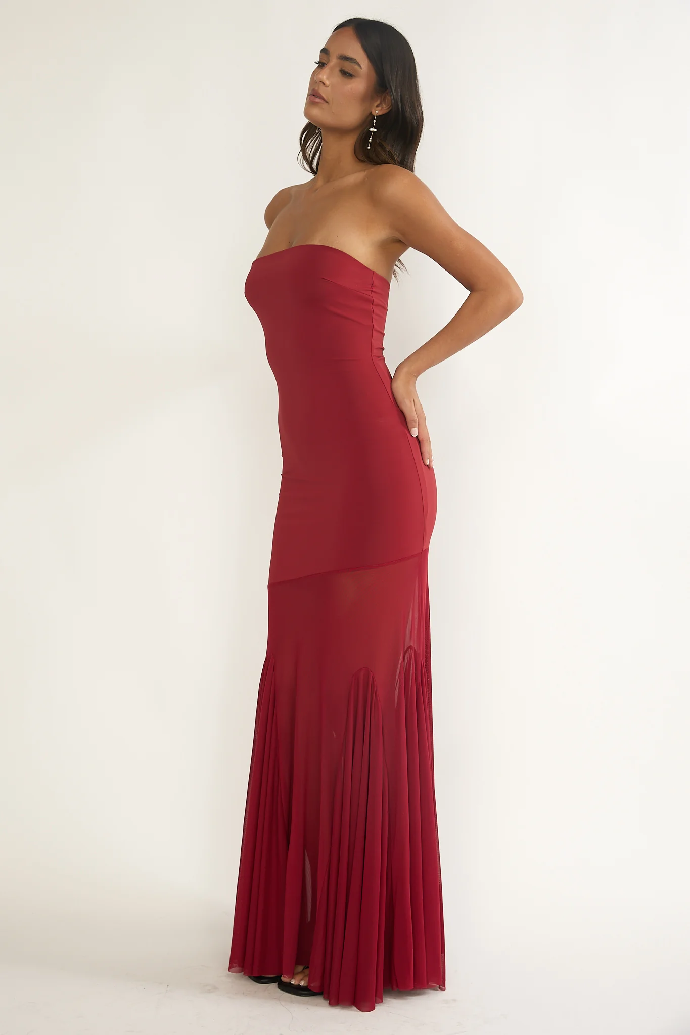 Velvet Rope Strapless Mesh Maxi Dress Wine - Image 4