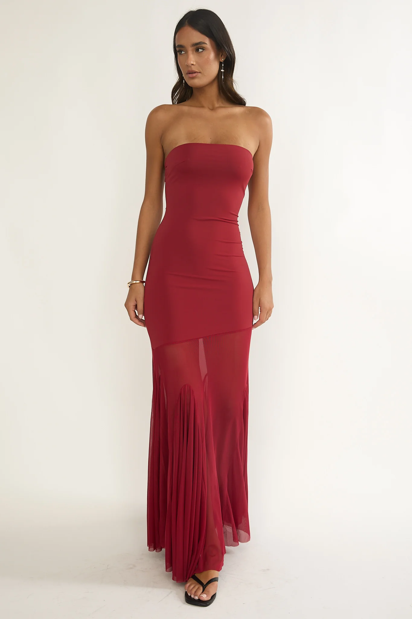 Velvet Rope Strapless Mesh Maxi Dress Wine - Image 6