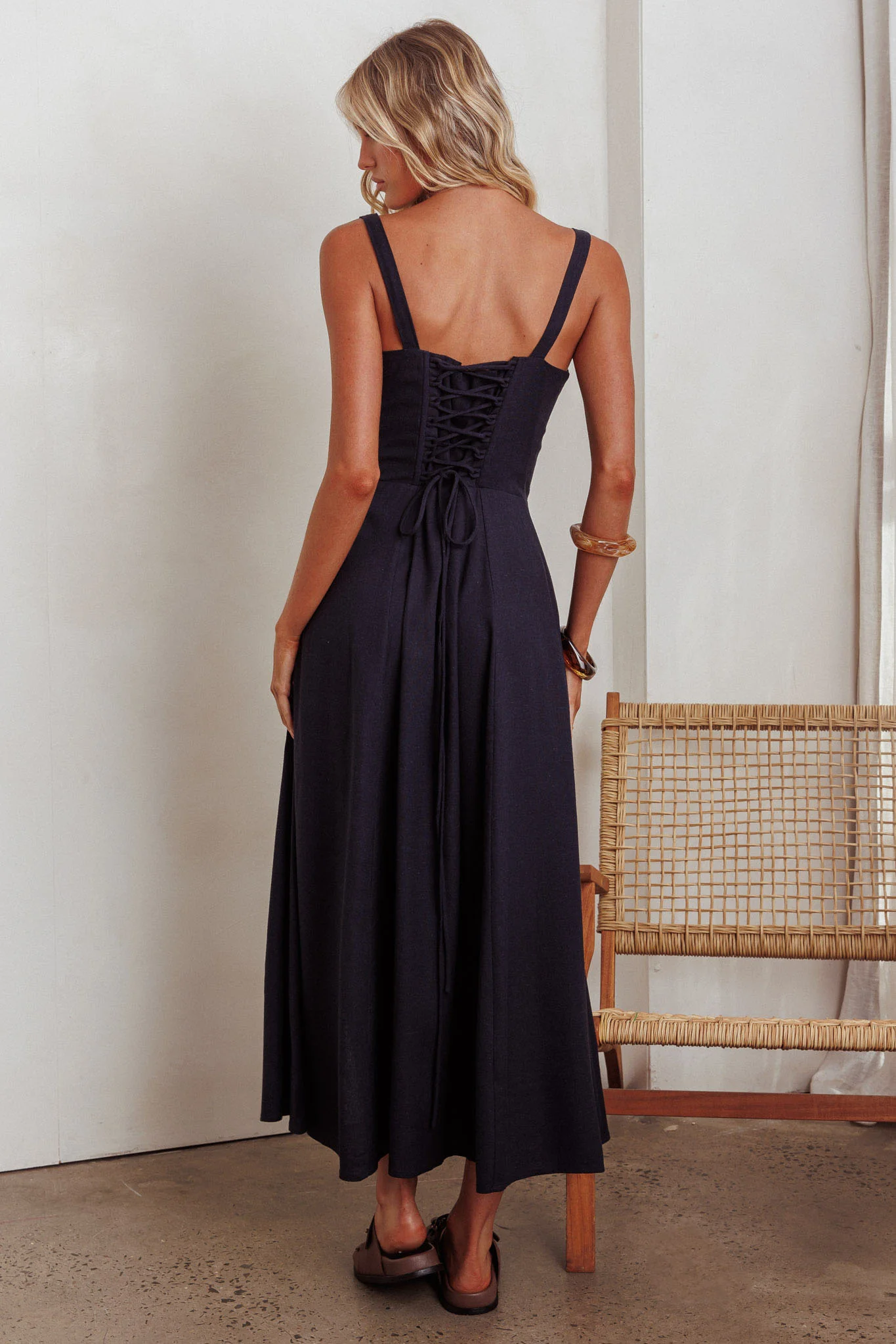 Zaira Tied Bust Lace-Up Maxi Dress Navy - Image 3