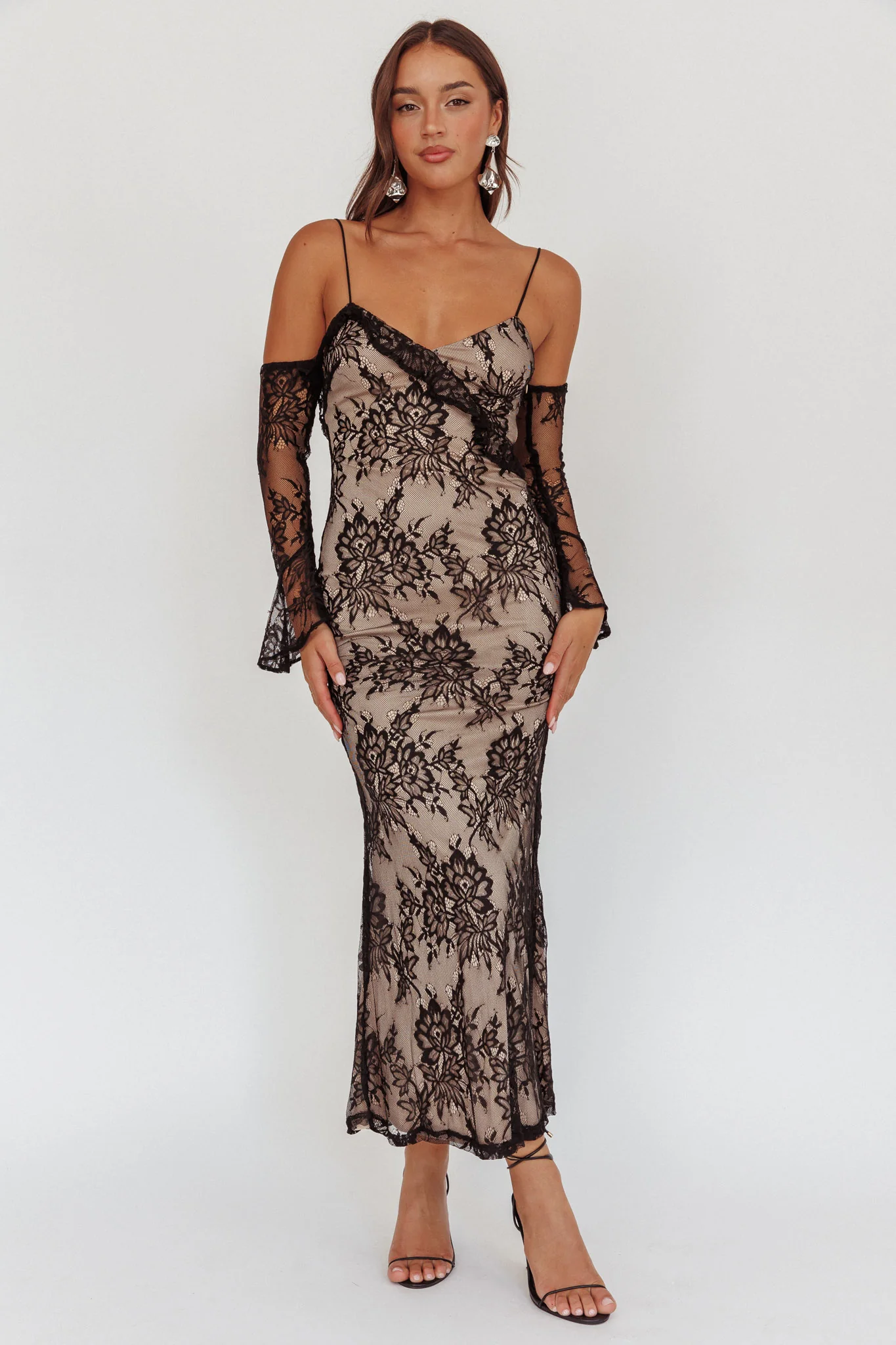 Zarah Off-Shoulder Sleeve Lace Maxi Dress Black - Image 5