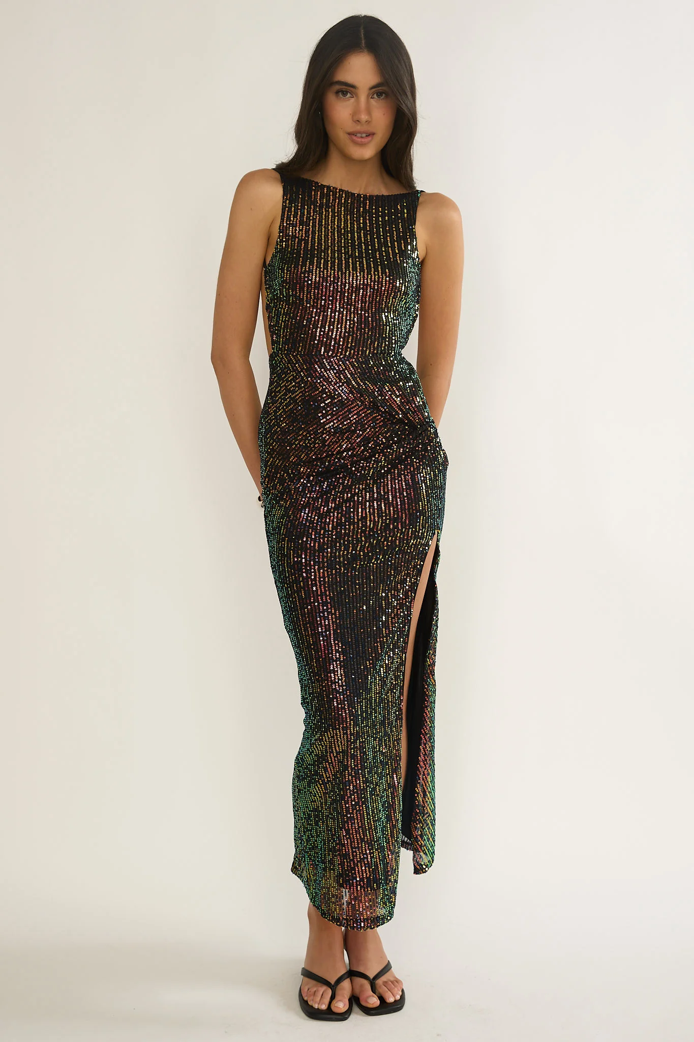 Zaretha Backless Split Maxi Dress Sequin Black/Gold - Image 4