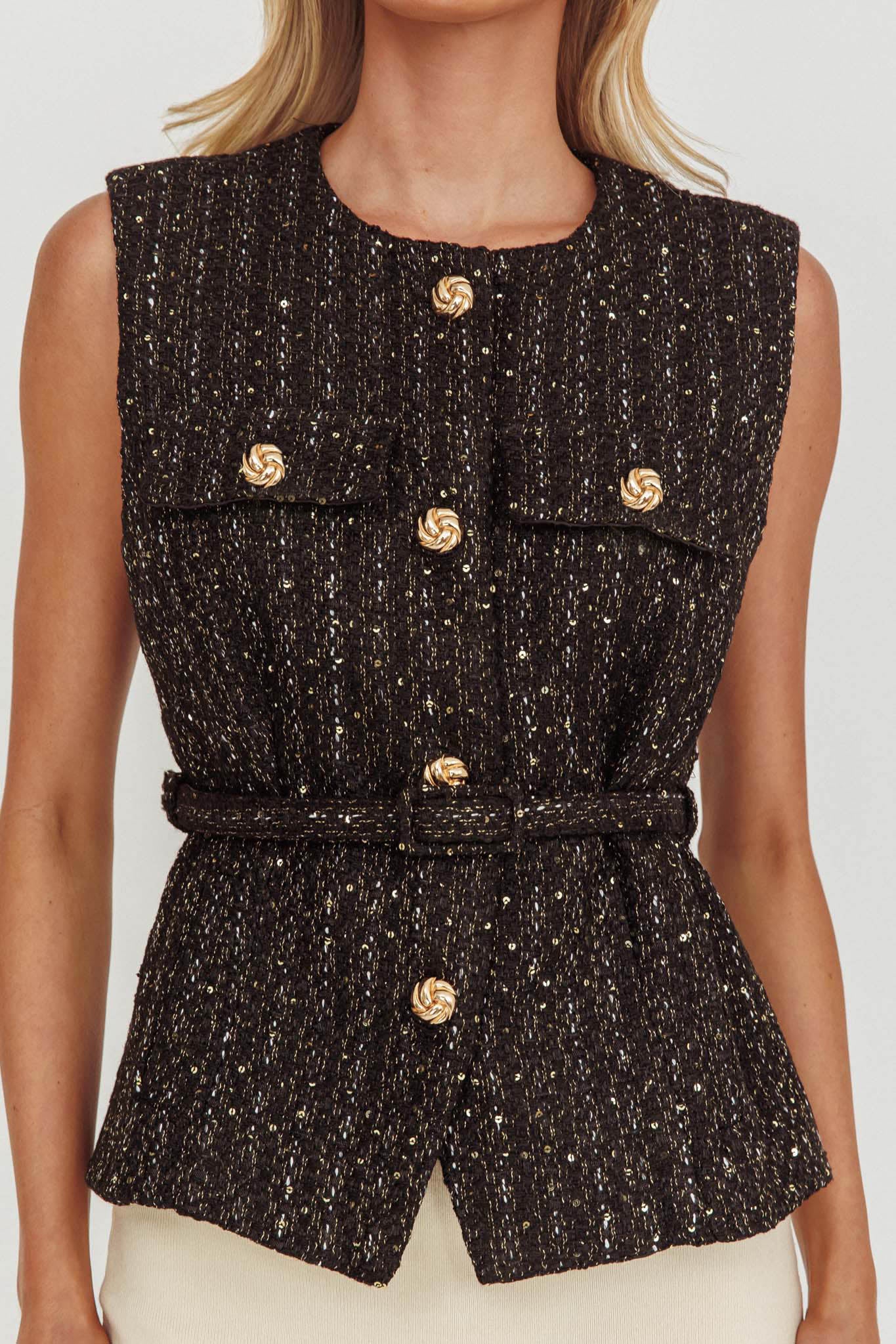 Zephyra Tweed Waist Belt Top Sequin Black - Image 5