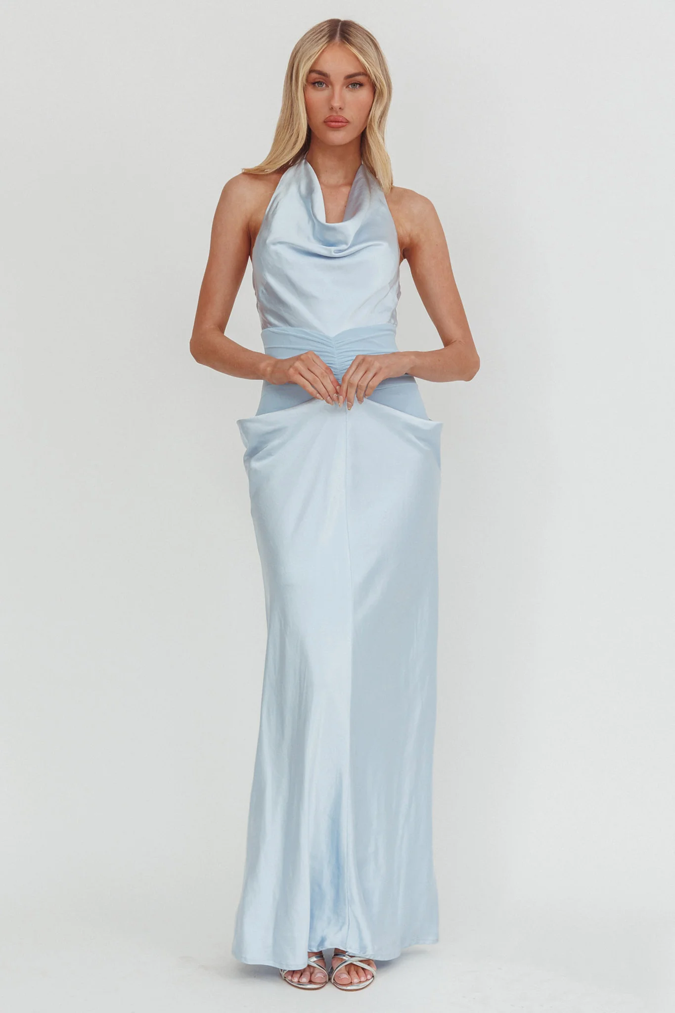 Zynthia Cowl Neck Ruched Waist Maxi Dress Ice Blue - Image 2