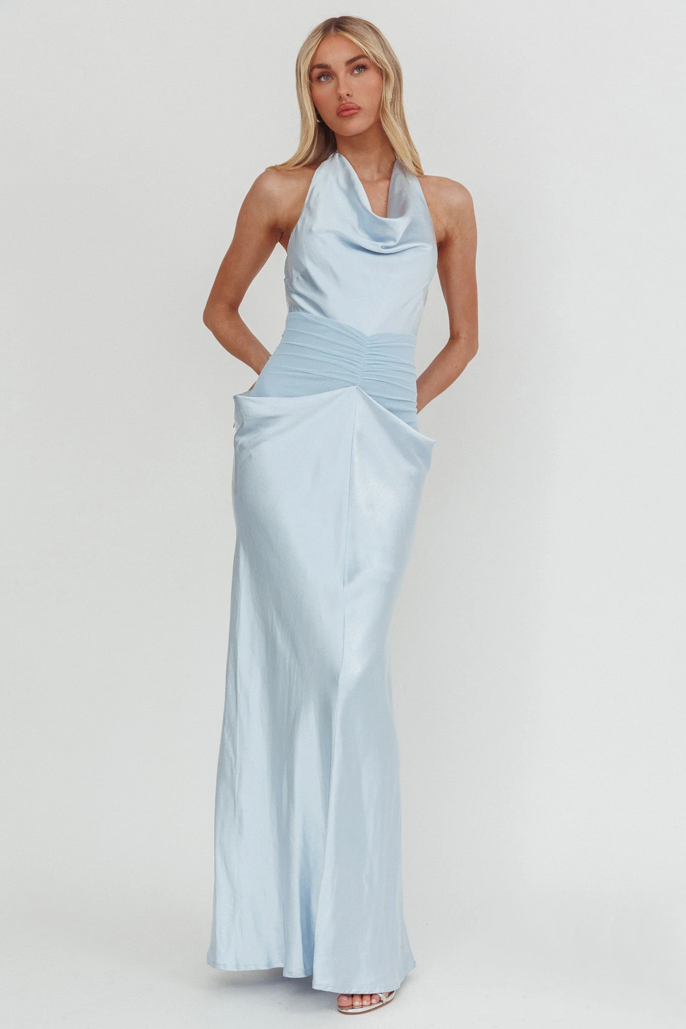 Zynthia Cowl Neck Ruched Waist Maxi Dress Ice Blue - Image 4